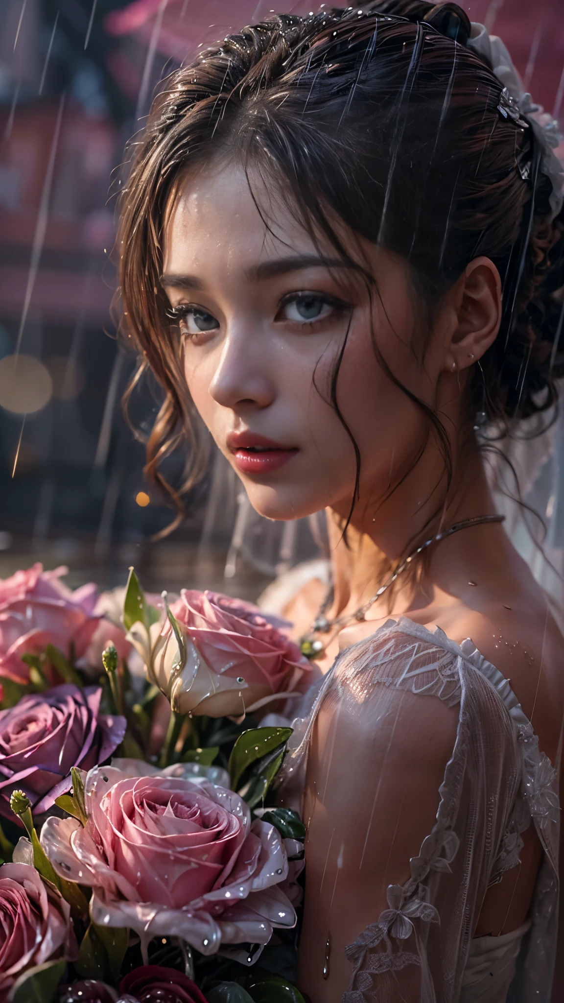 (RAW shooting, Photoreal:1.5, 8K, highest quality, masterpiece, ultra high resolution), perfect dynamic composition:1.2, modern city, In front of the church at night:1.5, expression of sadness:0.5, (((Typhoon heavy rain))), Highly detailed skin and facial textures:1.2, Slim office lady wet in the rain:1.3, Fair skin:1.2, sexy beauty:1.1, perfect style:1.2, beautiful and aesthetic:1.1, very beautiful face, water droplets on the skin, (rain drips all over my body:1.2, wet body:1.2, wet hair:1.3), (Holding a wet bouquet:1.2, wet pink wedding dress:1.3), (Medium chest, Bra see-through, Chest gap), (cry, lovelorn, The expression on your face when you feel intense caress, Facial expression when feeling pleasure), (beautiful blue eyes, Eyes that feel beautiful eros:0.8), (Too erotic:0.9, Bewitching:0.9), cowboy shot, necklace, earrings, bracelet