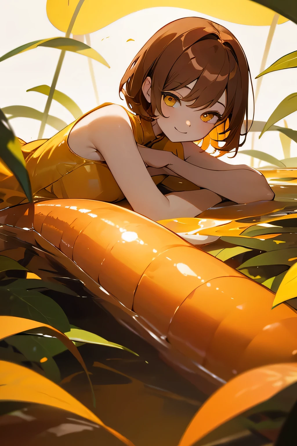Older sister lying down、1 person、orange brown hair、yellow eyes、short hair、luster、glosischievous smile、lively look、lure、Honey Core、white background、I won&#39;t touch it、setting sun、Botanical background。bold pose