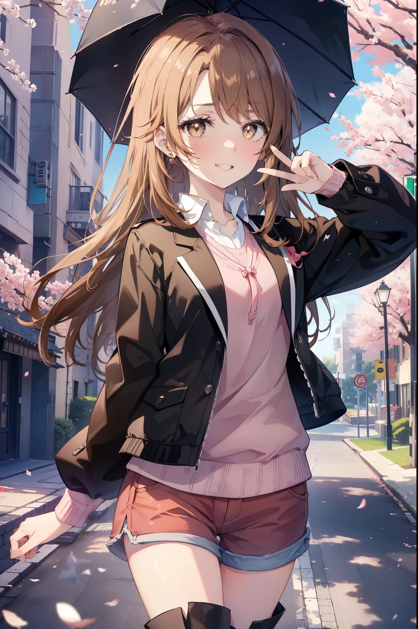 irohaisshiki, iroha isshiki, long hair, brown hair, (brown eyes:1.5), happy smile, smile, open your mouth,Put your hand over your mouth and make a peace sign, 1 girl,towards the camera,pink hoodie,short denim pants,black tights,short boots,standing alone&#39;my back to the wall、The cherry blossoms have bloomed,Cherry blossoms are scattered,
break indoors, Cherry blossom tree-lined path,
break looking at viewer,Upper body,
break (masterpiece:1.2), highest quality, High resolution, unity 8k wallpaper, (shape:0.8), (fine and beautiful eyes:1.6), highly detailed face, perfect lighting, Very detailed CG, (perfect hands, perfect anatomy),