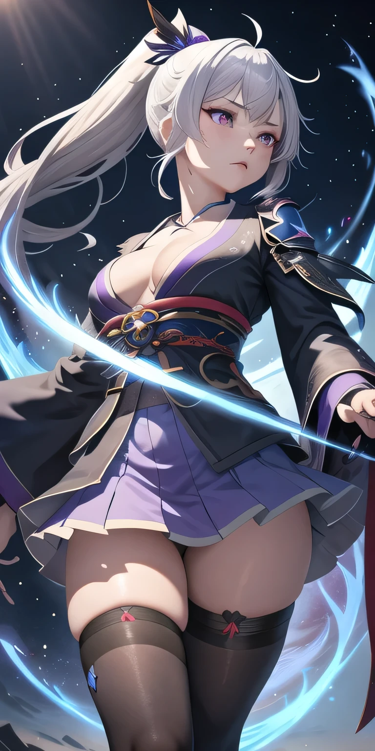 1 girl, kimono, ponytail ,gray hair, purple eyes, magic circle, blue fire, blue flame, wallpaper, landscape, Blood, Blood splatter, Depth of the bounds written, night, particles of light, light, side light, thighs, destiny \(series\), genshin impact, ****, open jacket, skirt, Thighhighs, cloud