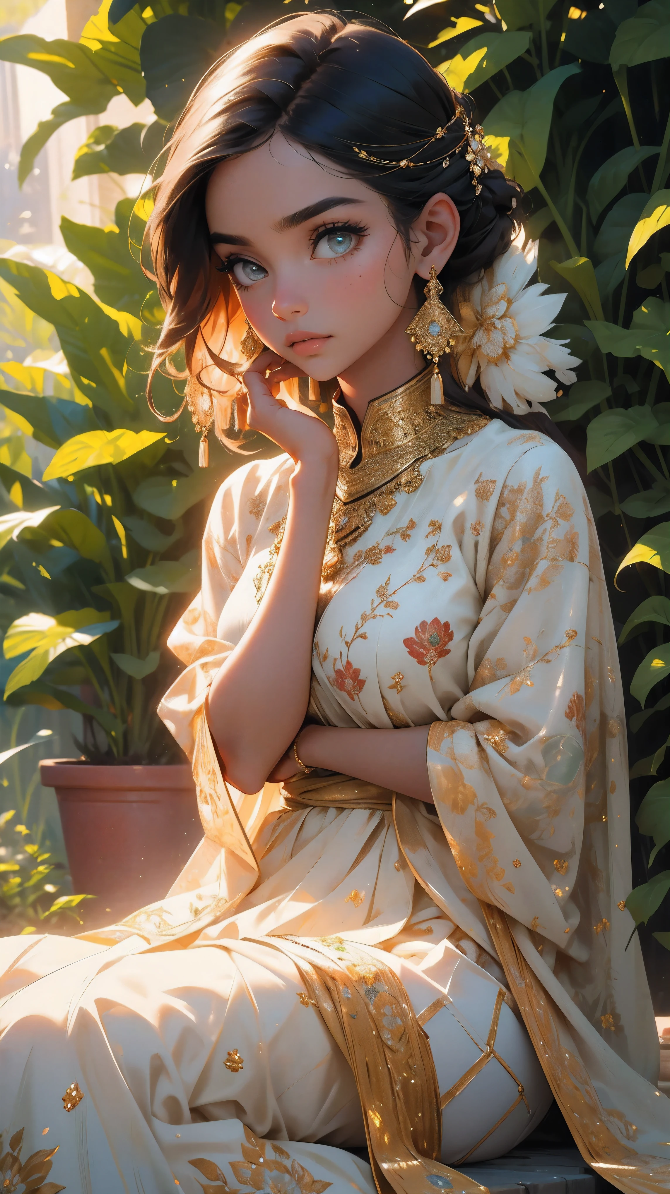 (best quality,4k,8k,highres,masterpiece:1.2),ultra-detailed,(realistic,photorealistic,photo-realistic:1.37),indian beautiful girl in traditional indian dress,expressive eyes,rosy cheeks,long, flowing hair,embroidered patterned dress,ornate jewelry,gold bangles,jhumka earrings,bindi,bright colors,vibrant textures,lush garden backdrop,endless greenery,floral blooms,serene atmosphere,soft sunlight,subtle shadows,traditional henna designs on hands,graceful hand gestures,sitting in a relaxed pose,confident gaze,traditional indian background music