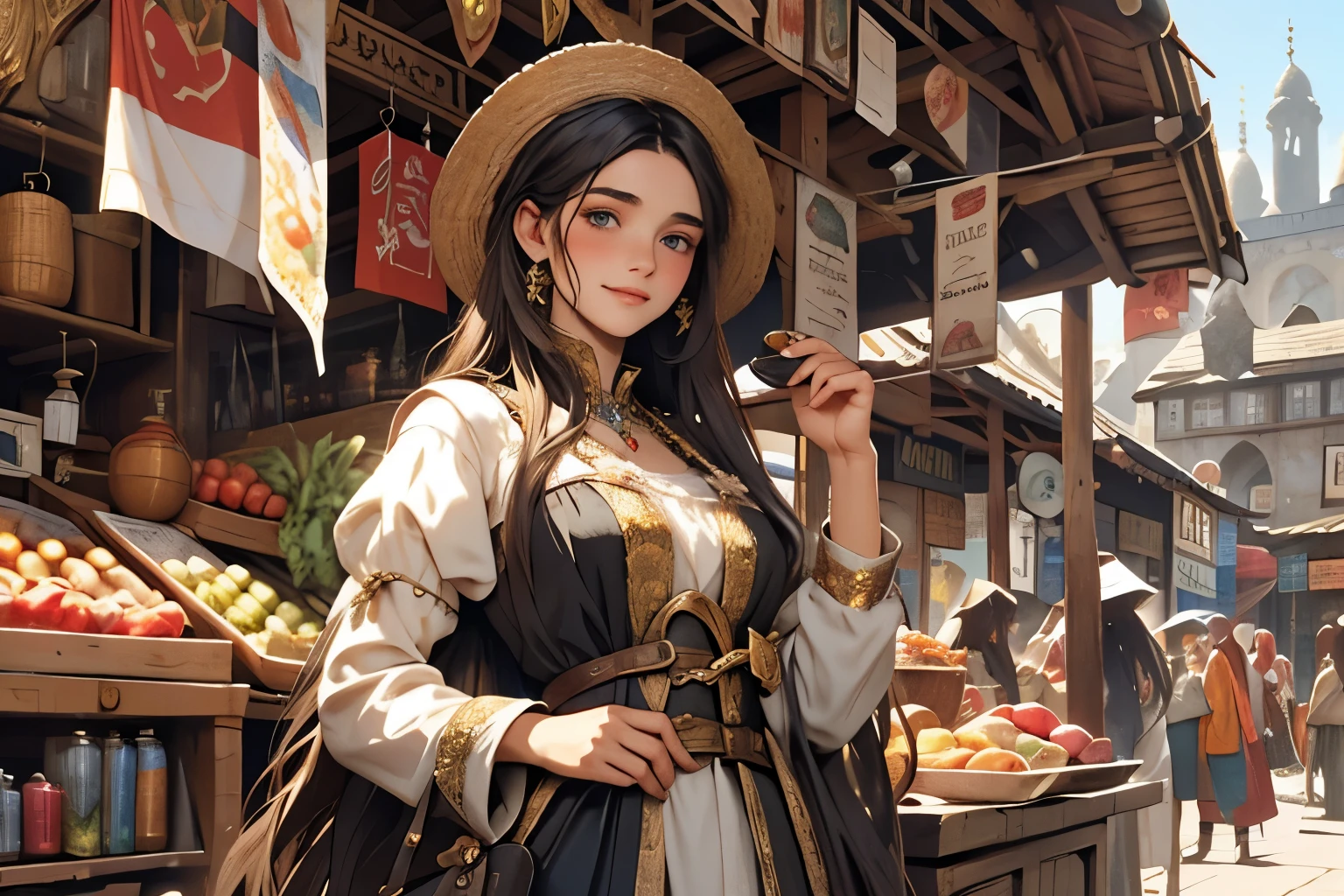 A stunning fantasy medieval illustration of a age girl with flowing long black hair engrossed in a vibrant market scene, the girl smiling have conversation old granny in market. bustling stalls, passersby in period clothing, reminiscent of pre-Raphaelite style paintings --s 150 --ar 1:1 --c 5 --v 5.2