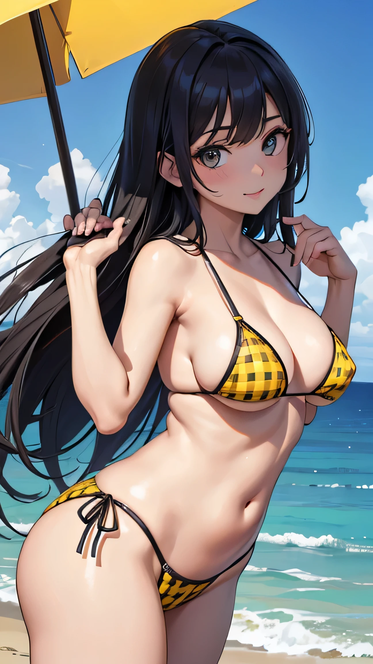 corpo todo,1 garota,sorriso caloroso,(figura perfeita,ser alto e magro),Sozinho,(ar livre:1), blue sky, concentre-se no peito,olhando para o mar,Rosto de Selina Gomez,Detalhe delicado rosto latino jovem, pele oleosa,(salva-vidas sexy, yellow and black checkered bikini), dedo de camelo, (lindos seios naturais, tamanho dos seios C90),(belo quadril),(beautiful hand),(bela coxa),fumar, vivid image,obra de arte, (Melhor qualidade:1.2),ultra-detalhado,realista,High definition,alta qualidade,cinematic light,rastreamento de raio,ultra high resolution,Ultra HD,(photorealista:1.4),detalhes intrincados,textura detalhada,finamente detalhado,alta qualidade shadow, Fundo da praia de Miami, head to feet, dedo de camelo