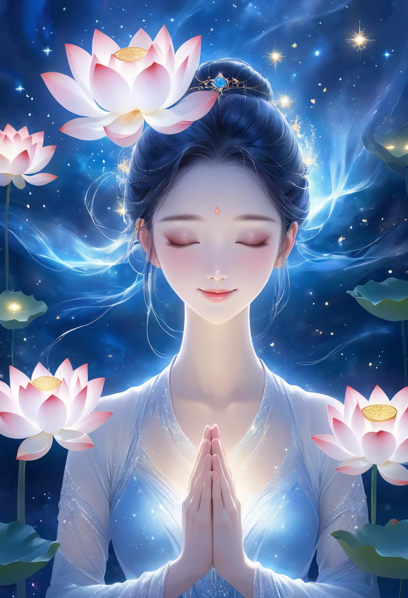 best quality,masterpiece:1.2,detailed details,The beautiful young god gently closed his eyes,smile softly. She clasped her hands in prayer and meditation. She is wearing a white dress,Stars sparkle in the blue night sky, you sit on a lotus,In a fantastic atmosphere,You feel as if you are one with the universe. HD, 8K