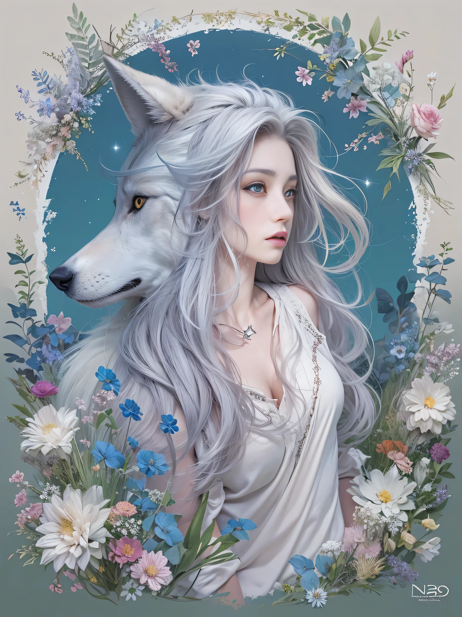 woman looking up at flowers：1.3，walking with the white wolf，Big Blue Moon，Around view：1.5，（blue long pants：1.3），（overshirt：1.3），（Follow the big blue-eyed wolf：1.3），on a wide hill，gray hair：1.3，(masterpiece、highest quality、highest quality、beautiful beautiful:1.2)、(((Beautiful girl on the meadow)))、cool pose、very detailed、Colorful、most detailed, anatomically correct：1.3, nffsw, advanced details, rough skin, 8k，perfect hands，perfect arms