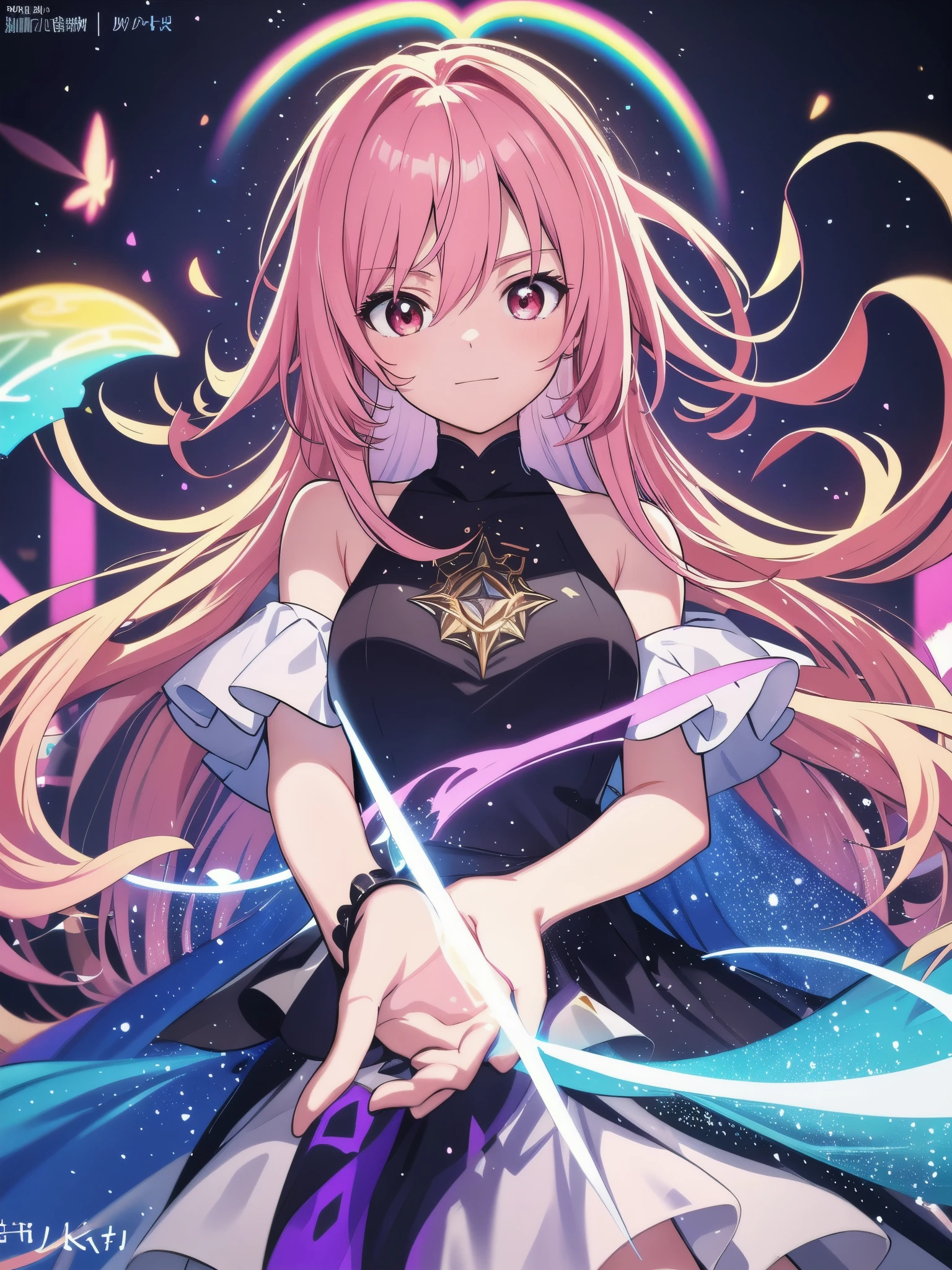 (masterpiece, highest quality, Super detailed, best shadow), (white background), (beautiful detailed face), high contrast, (best writing, very delicate and beautiful), (cinematic light)), bright colors, hyper detail, intricate details , lie (1 girl, alone, front, pink hair, pointed face, short hair, fluorescent long coat (Broken glass), dress, red eyes, hair between eyes), Make the area around the character sparkle, Purple light particles , magic circle, cyberpunk style，floating, (high color saturation), (colorful splash), colorful bubbles, (shine), focus on face, kamisato, light blue hair, bangs, head band, floating flowers, flowing hair. girl, anime waifu, looking at the viewer, very detailed, reflective transparent iridescent, Transparent rainbow RGB long hair