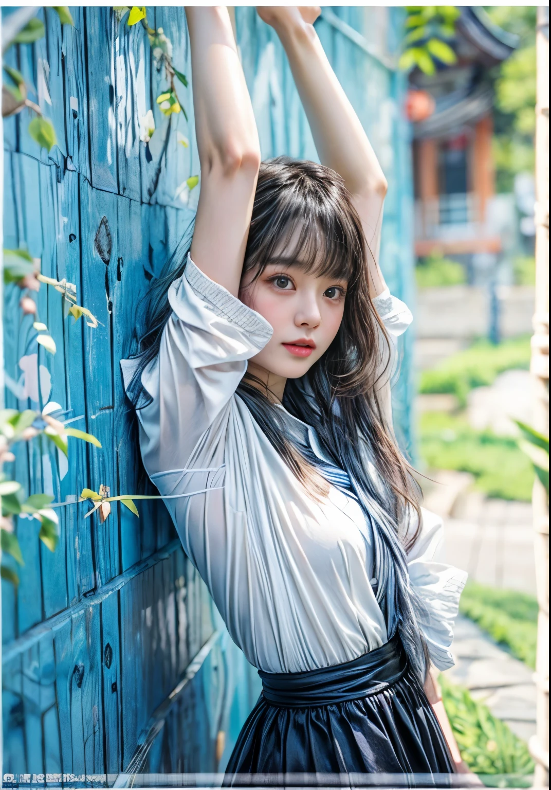 masterpiece、highest quality、cinema、(cute japanese woman、bangs:1.3)、23 years old、1 girl、elegant、black hair、(evening:1.1)、