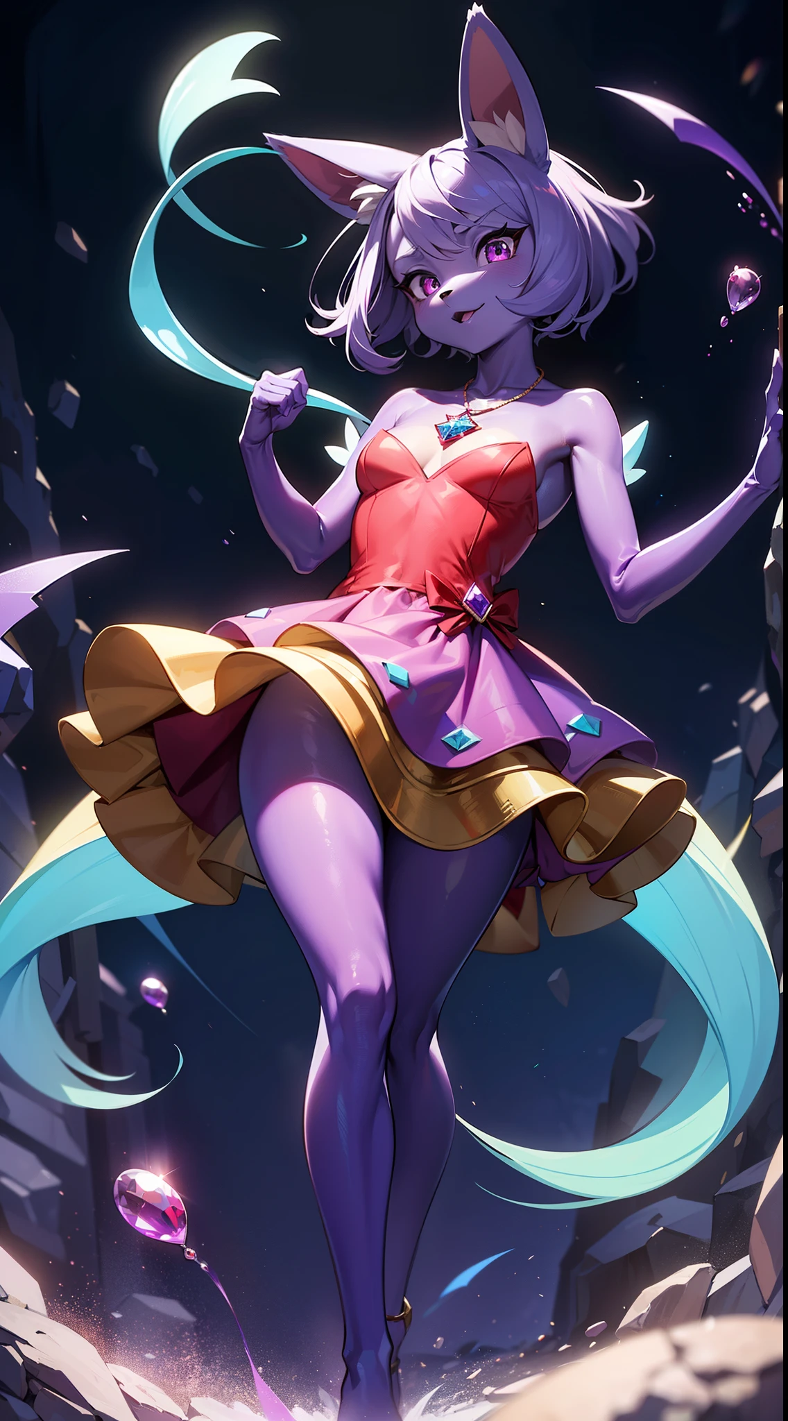 masterpiece, best quality, HD, ultra-detailed, vivid colors, Pokémon Espeon, purple Evee, Psychic pokemon, Dark pokemon, (furry:1.35), humanoid, humanization, anthropomorphic, on 2 legs, beautiful detailed purple eyes, big purple eyes, Psychic environment, purple palette, short purple thin tail and thin (blue ears), ((blue inside ears)), 2tails, two tails, detailed (purple) hair color, beautiful ((short hair)), ((detailed long [purple dress|pink dress:1.5] )), ((red diamond decoration, red diamond pendant)), shiny rainbow soap bubbles floating around, Action funny Pose