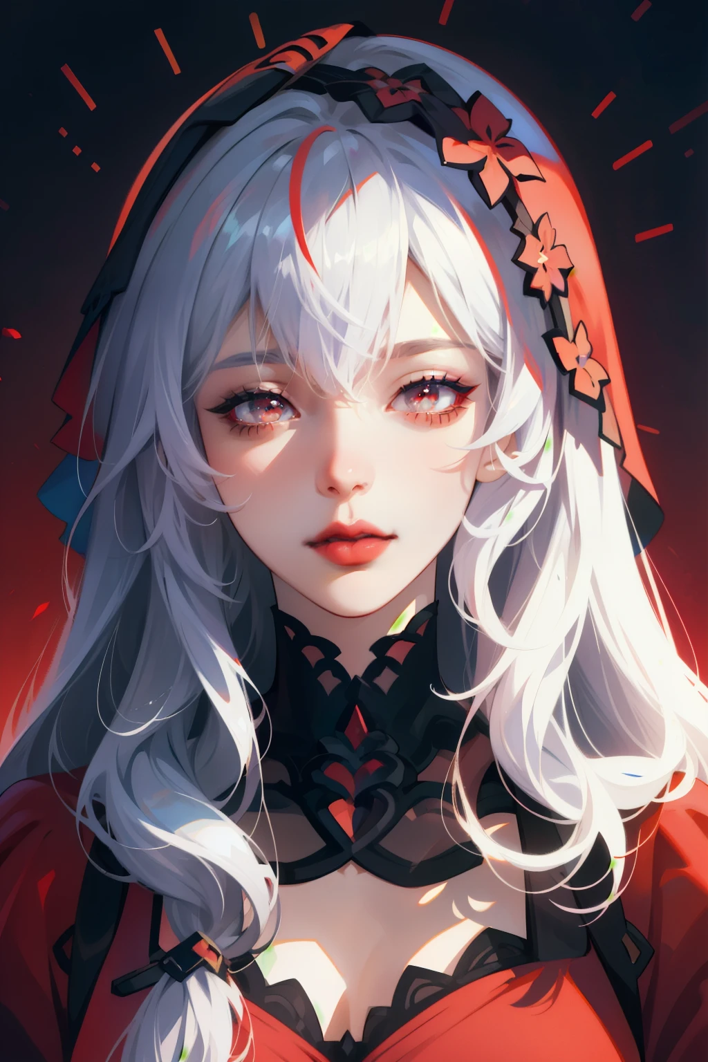 (masterpiece),(best quality:1.0), (ultra highres:1.0), detailed illustration, 8k, anime, 1girl, beautiful anime girl, wearing a red dress, flower crown, pretty face, detailed face, beautiful eyes, detailed eyes, dark red eyes, bright red lips, red lipstick, beautiful stylish hair, highlights in hair, bangs anime style, best quality, vibrant