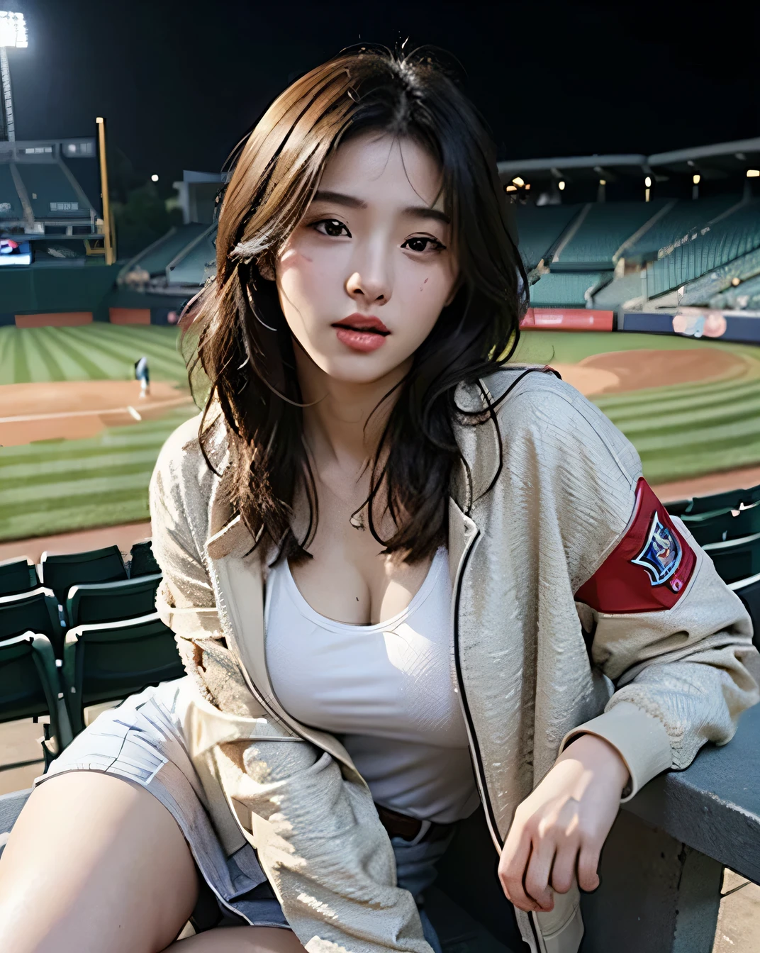 (1 girl:1.4)、(Baseball support、uniform jacket:1.2)、(Photoreal:1.4)、(hyper realistic:1.4)、(realistic:1.3)、(smooth lighting:1.05)、(Movie lighting Improvement of quality:0.9)、32K、20 year old girl、(from thighs to head:1.2:1.3)、realistic lighting、Backlight、facial light、ray tracing、(night light:1.2)、(Improvement of quality:1.4)、(Top quality real texture skin:1.4)、detailed face、fine eyes、(tired, sleepy and satisfied:0.0)、 big tits、(Enhance the mood of your body line:1.1)、(Enhances the beauty of skin texture:1.1)、Seats in the stands at a baseball stadium、Medium hair with a uniform shape on the left and right