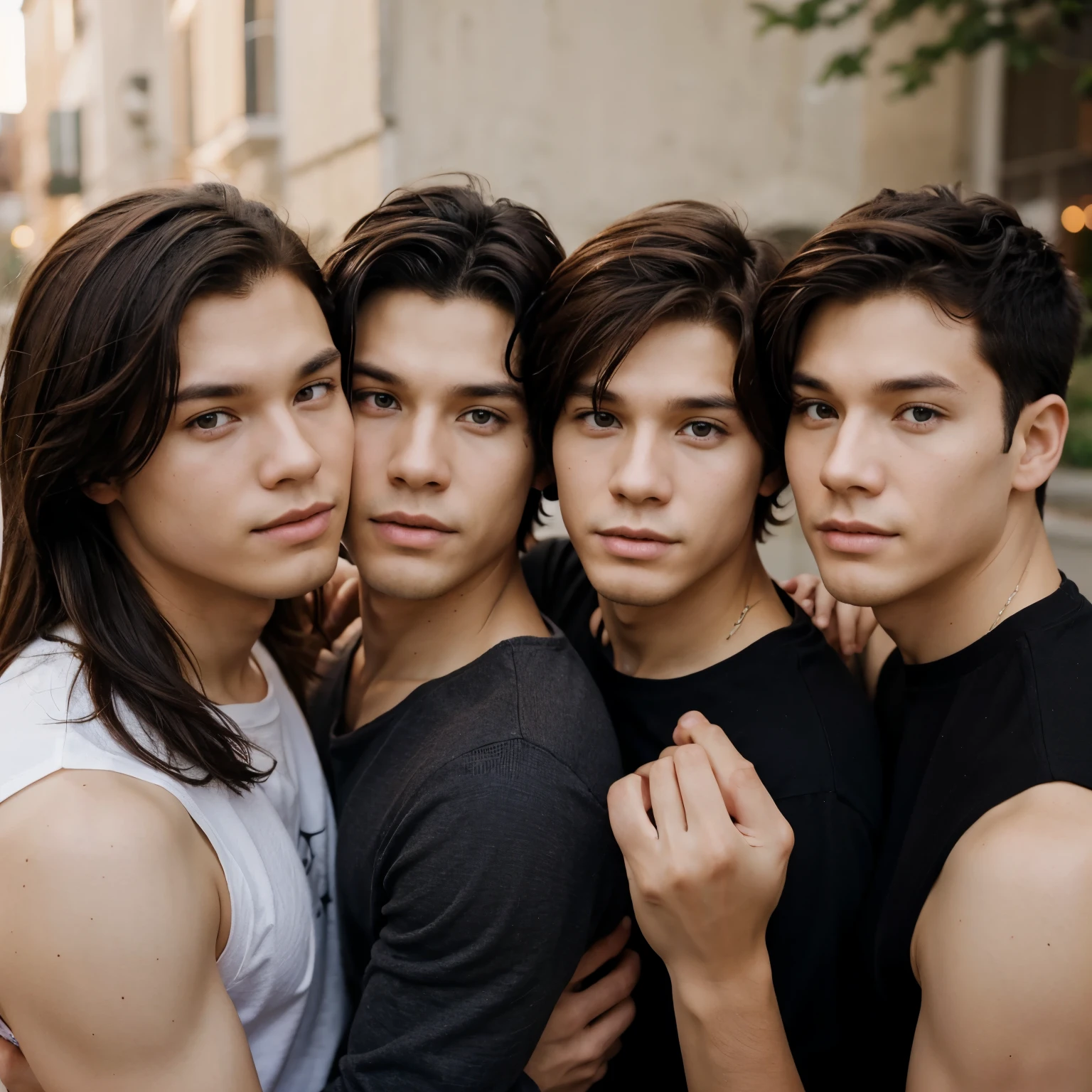 He is an emo boy, white complexion, slim, grayish blue eyes, dark brown hair, short emo hairstyle and he is 1.91 cm tall, very handsome, Polish and looks like the character called Dominik santorski From the movie suicide room Do it by taking a selfie, wearing emo clothes Take a photo with his male brother and two female sisters, one with short hair and the other with blonde Tom boy hair.