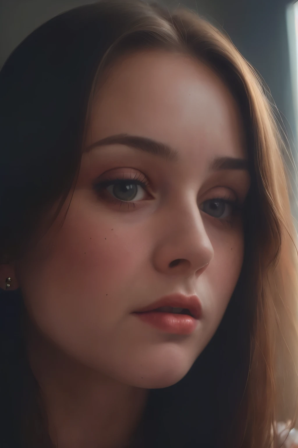 (Close-up, fotografia editorial de uma mulher de 21 anos), (Rosto altamente detalhado:1.4) (sorrir:0.7) (fundo dentro escuro, Moody, estudo privado:1.3) Pov, Directed by: Lee Jeffries, Nikon D850 |, filme fotografia de stock ,4 Kodak Portra 400 ,camera f1.6 lentes ,cores ricas ,hyper realistic ,textura realista, dramatic lighting , cinestill 800,