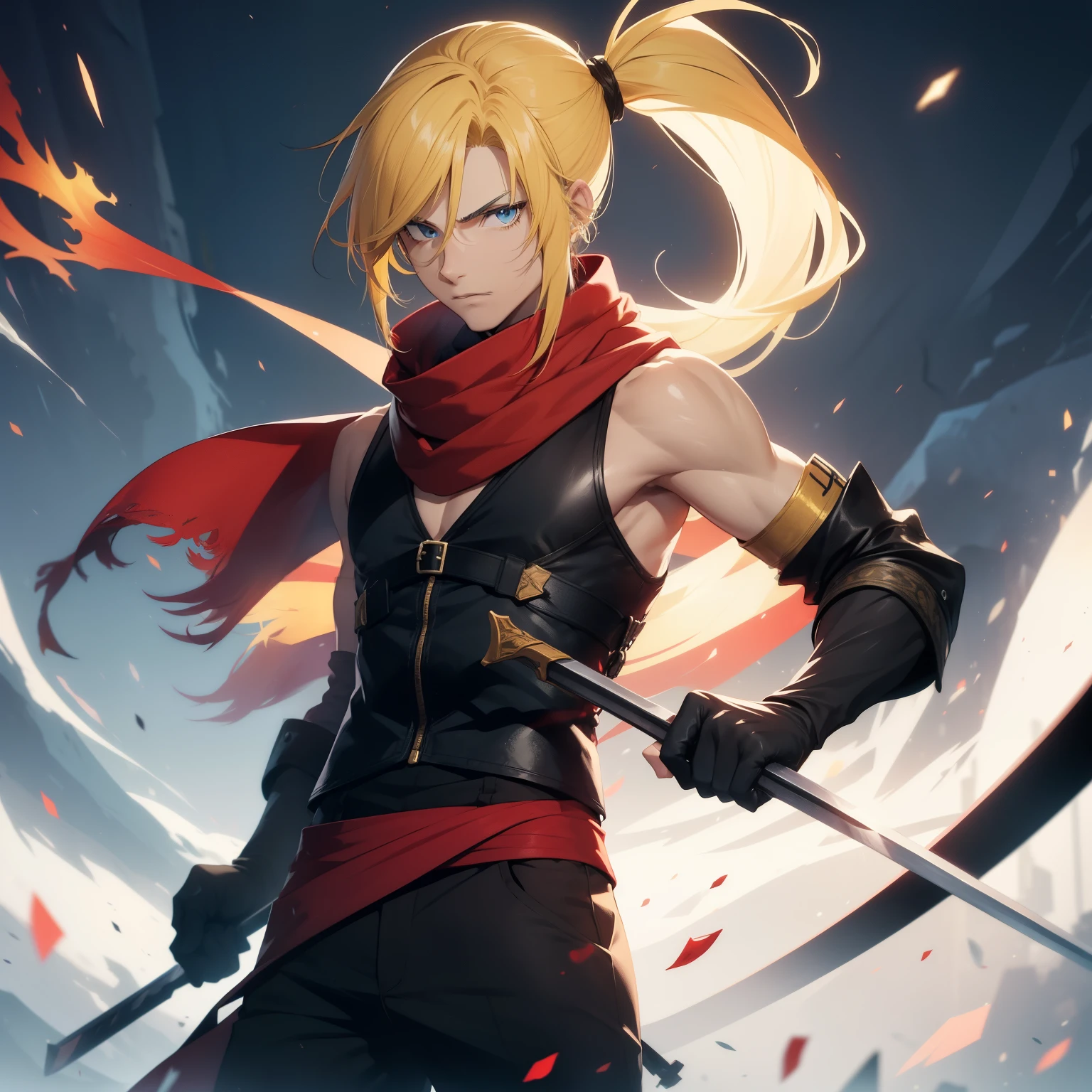 (26 years old), (male), Yellow hair, (Blue eyes), (Tied back ponytail), red scarf, red vest, sleeveless, black pants, black gloves, slim, up to legs, wielding Sword