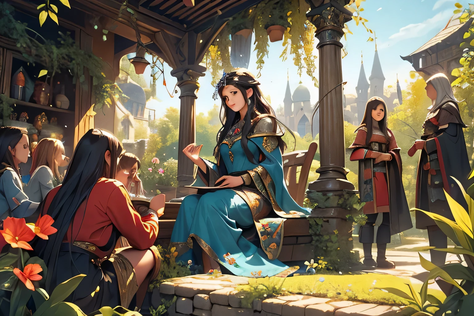 A detailed, fantasy-style illustration of a beautiful teenage girl with flowing obsidian hair, interacting with joyful children in a medieval-themed city garden. The scene is brimming and lush greenery. The image should exude a sense of innocence, wonder, and enchantment. --s 150 --ar 1:1 --c 5