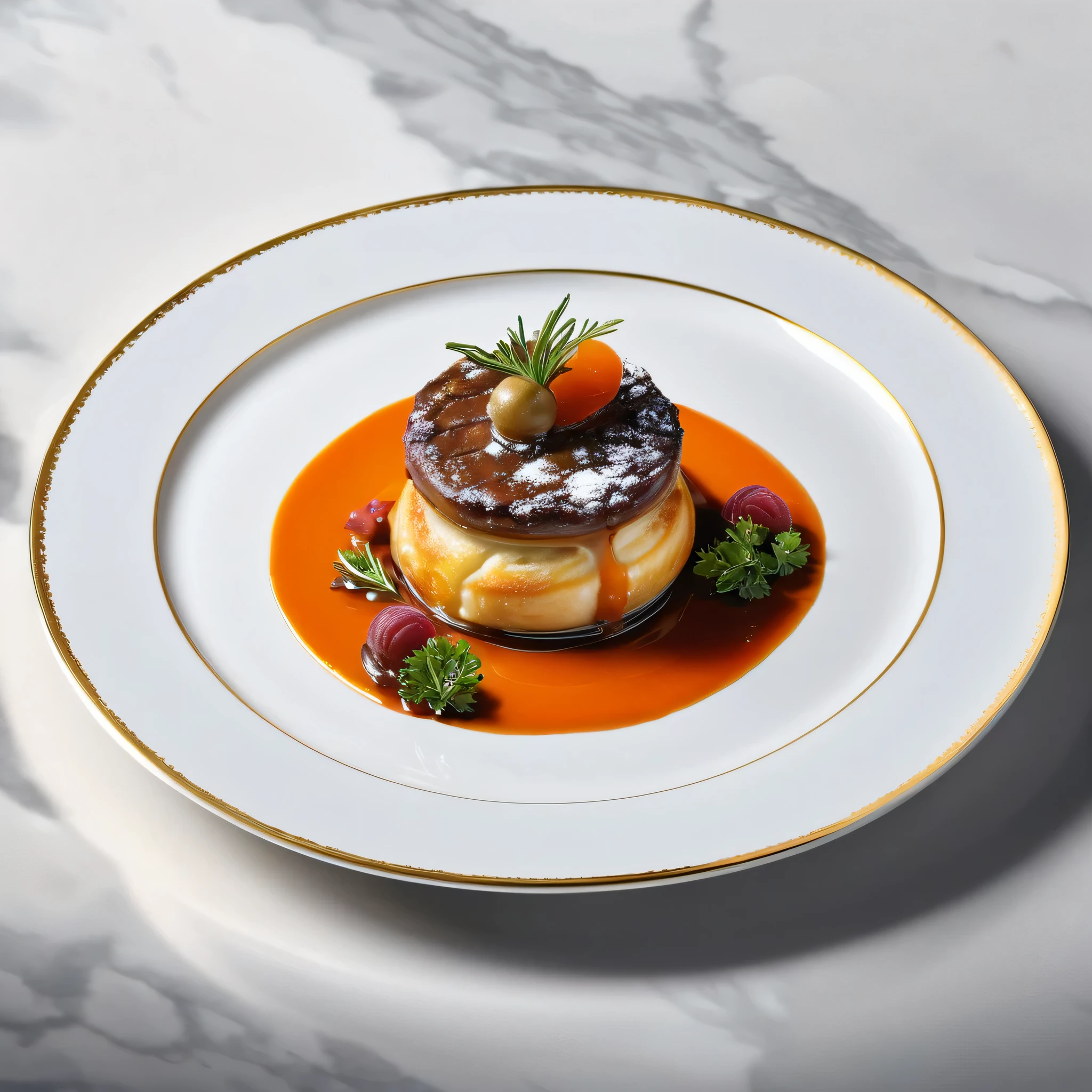 Create a close-up UHD 64k masterpiece digital food illustration of a Tournedos Rossini from Le Louis XV-Alain Ducasse, Monaco. Use high-end graphics in this illustration.