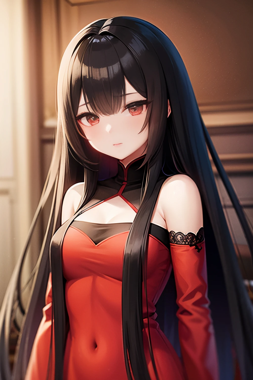 long black hair、red eyes、adult、red dress、real face、beautiful woman