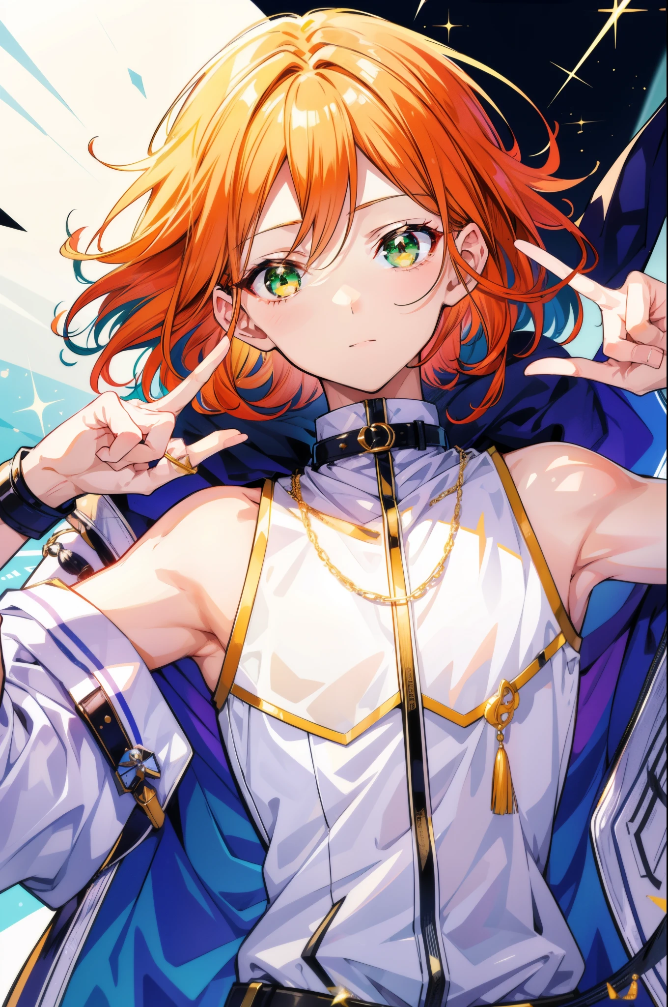 porate、one man、highest quality、super fine、detailed、highest quality、fantasy、bright look、the cutest face in the world、Young, white and shiny skin、the most beautiful and beautiful in the world、the ultimate beautiful boy、the most beautiful in the world，orange hair、lightest colored hair、shiny hair、smooth medium hair、Hair must be long enough that it doesn&#39;t touch your shoulders、Center parting of bangs、Sparkling, clear, attractive green eyes、A very kind and nice 16 year old boy、