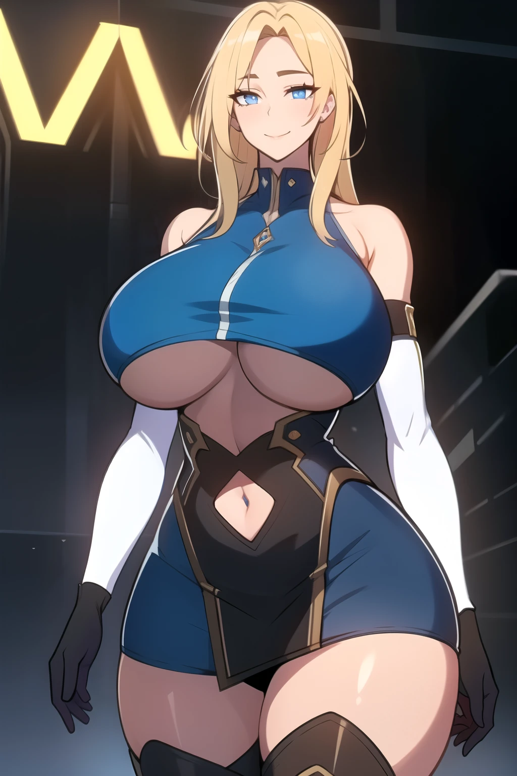 masterpiece, best quality, absurdres, 8k, perfect shadows,perfect lighting,hdr, cowboy shot,shiny skin,skindentation, beautiful body, kafka, ((blonde hair: 1.4)), long hair, (blue eyes: 1.4), (crop top, underboob, elbow gloves, thigh boots, split skirt, bare shoulders, curvy, midriff, curvy, thighs, higheels, shiny clothes), complex detailed background, inside, luxury palace) (gigantic breasts,hourglass body, thin waist,very slim waist)extremely detailed face,detailed eye makeup, detail face, nice detailed eyes,nice hands, perfect hands (realistic pupils,realistic iris:1) heavy eye makeup,glowing eyes, Bright eyes,standing,standing at attention,(seductive smile), gigantic breasts, curvy