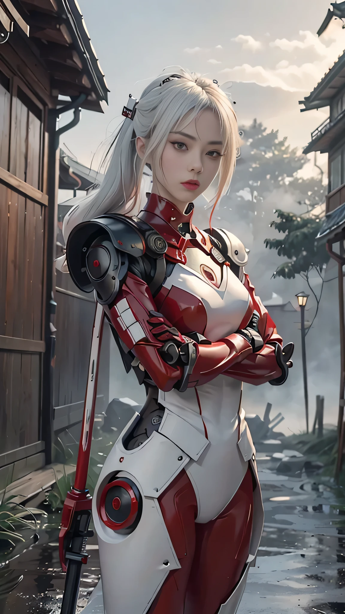 two samurai (Standing with arms crossed over chest, back against wall).white hair .lolita.fantasy.two samurai guarding in the forest at night, yasuke.fog. Ninja robot.shinobi robot. Red eyes, devil mask, rain. The dark night. Equipped with Sword at the back. Katana is in the back. Robots. Gear. screws. lamp. lamp. wire in the back. Catch the monster in the alley.UE5 CGI.Abandoned house.step forward.Bright eyes.Red suit.Robot helmet.Red leather clothes.Shibuya city.fog.