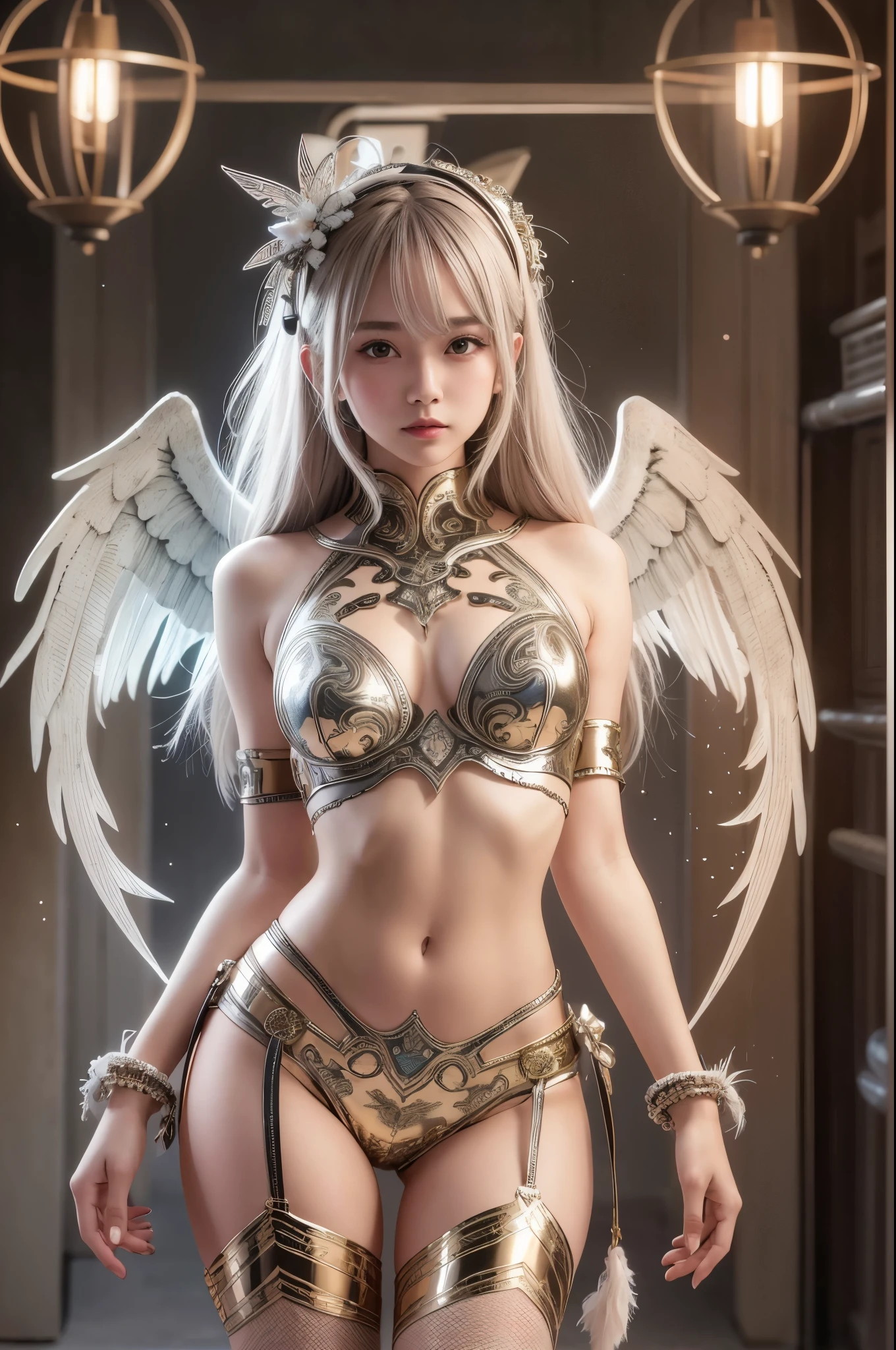 cyborg, girl, beautiful girl, cute, sexy, strong, thin, delicate, smile, (lolita costume), High leg, metallic, ultra color, paisley pattern, headgear, mandala, Near future, heaven, Angel, feather, wing, Helix lamp