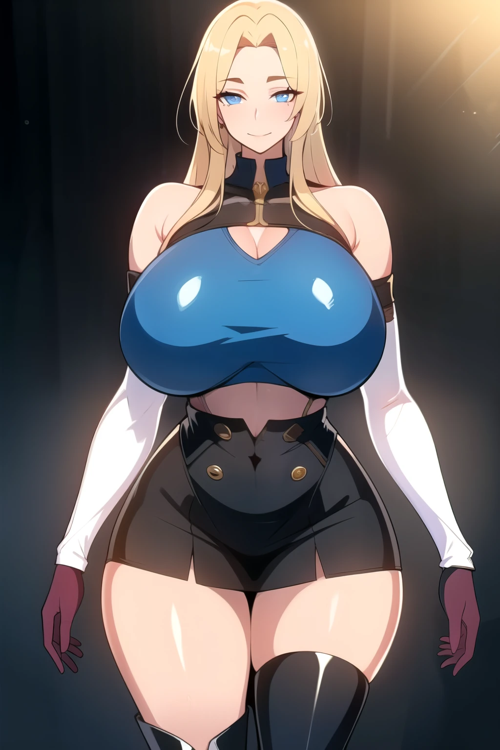 masterpiece, best quality, absurdres, 8k, perfect shadows,perfect lighting,hdr, cowboy shot,shiny skin,skindentation, beautiful body, kafka, ((blonde hair: 1.4)), long hair, (blue eyes: 1.4), (crop top, underboob, elbow gloves, thigh boots, split skirt, bare shoulders, curvy, midriff, curvy, thighs, higheels, shiny clothes), complex detailed background, inside, luxury palace) (gigantic breasts,hourglass body, thin waist,very slim waist)extremely detailed face,detailed eye makeup, detail face, nice detailed eyes,nice hands, perfect hands (realistic pupils,realistic iris:1) heavy eye makeup,glowing eyes, Bright eyes,standing,standing at attention,(seductive smile), gigantic breasts, curvy