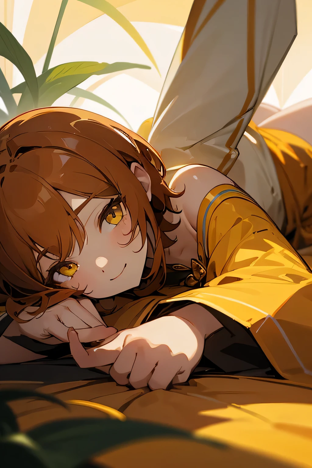 Older sister lying down、1 person、orange brown hair、yellow eyes、short hair、luster、glosischievous smile、lively look、lure、Honey Core、white background、I won&#39;t touch it、setting sun、Botanical background。bold pose