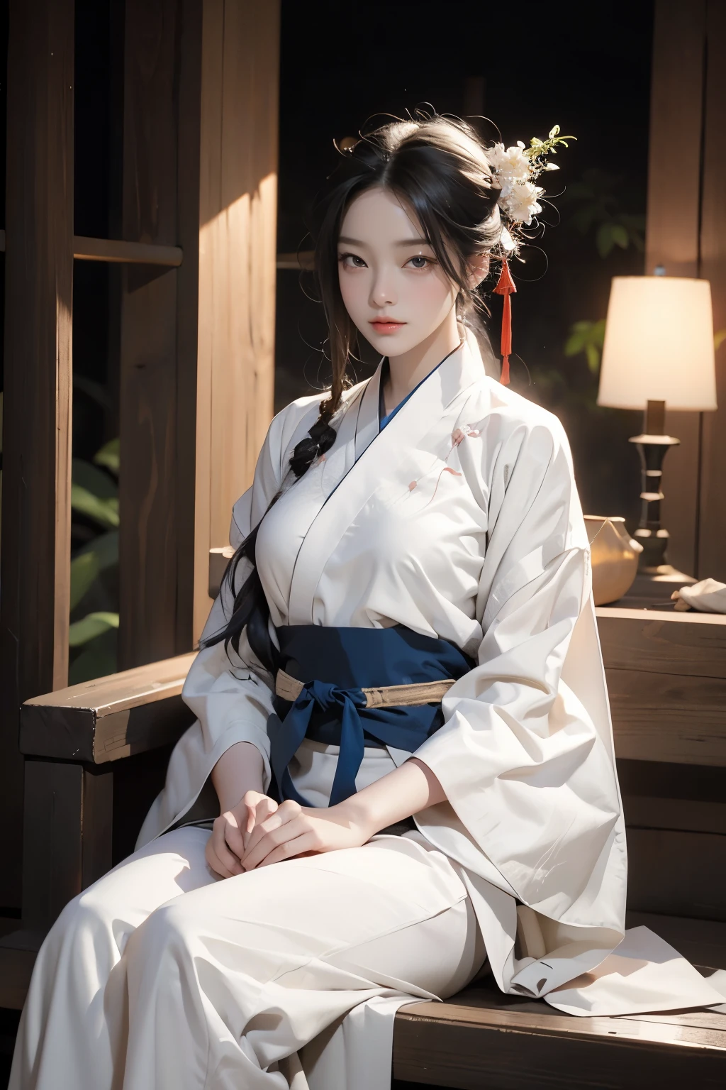 Cinematic Photo of a beautiful fashion model sitting alone at dark night,big breasts,(hanfu:1.1)