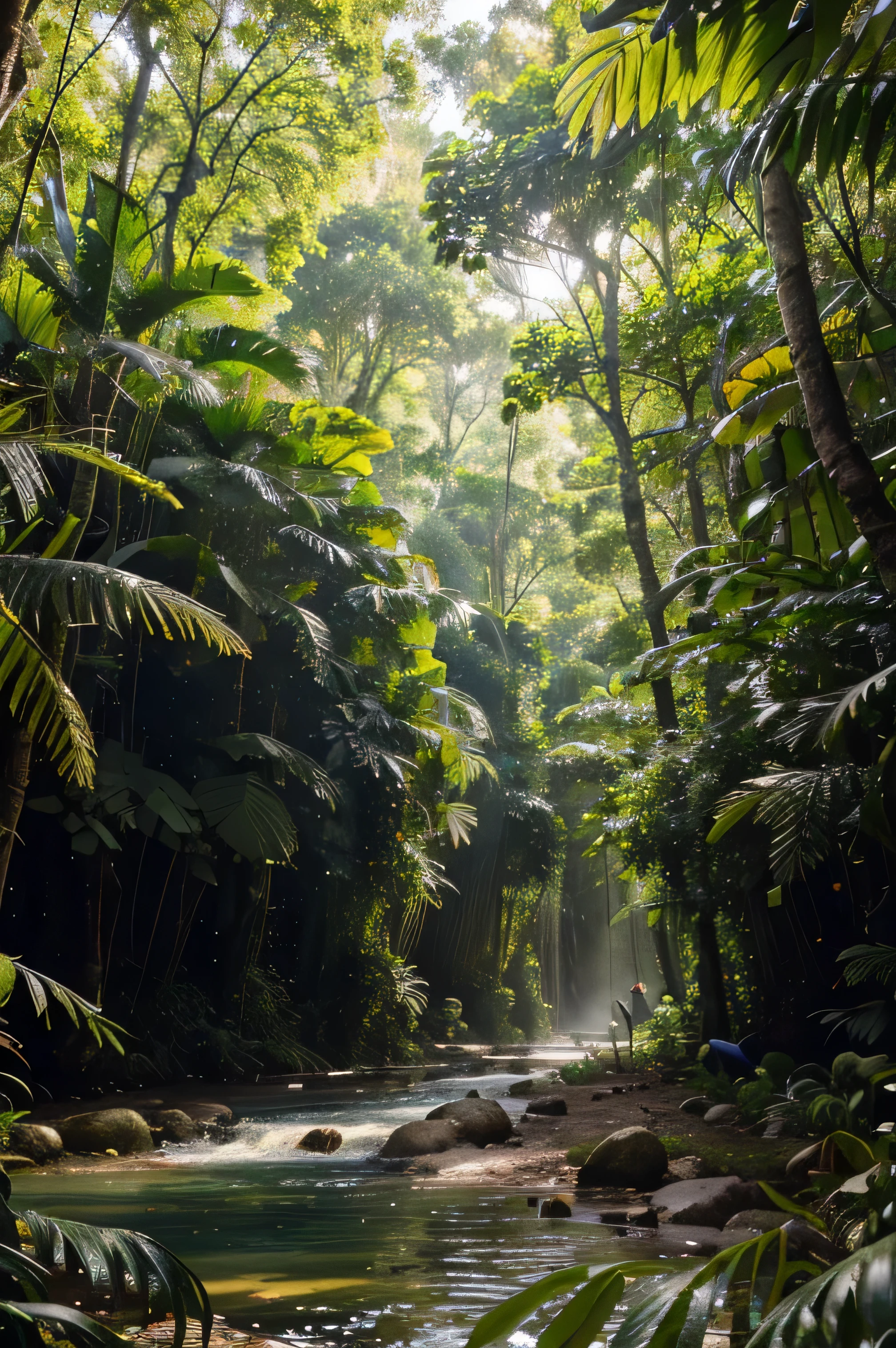 (best quality,4k,8k,highres,masterpiece:1.2),ultra-detailed,realistic,amazon rainforest,nature's masterpiece,vibrant colors,lush greenery,towering trees,diverse wildlife,clear blue skies,sunlight filtering through the canopy,tropical paradise,sounds of nature,breathtaking scenery,serene atmosphere,hidden treasures,unexplored territory,majestic waterfall,jaguar stealthily walking through the undergrowth,colorful birds chirping in the trees,see-through river with exotic fish and plants,endless exploration,unspoiled beauty,pristine ecosystem,photographic perfection