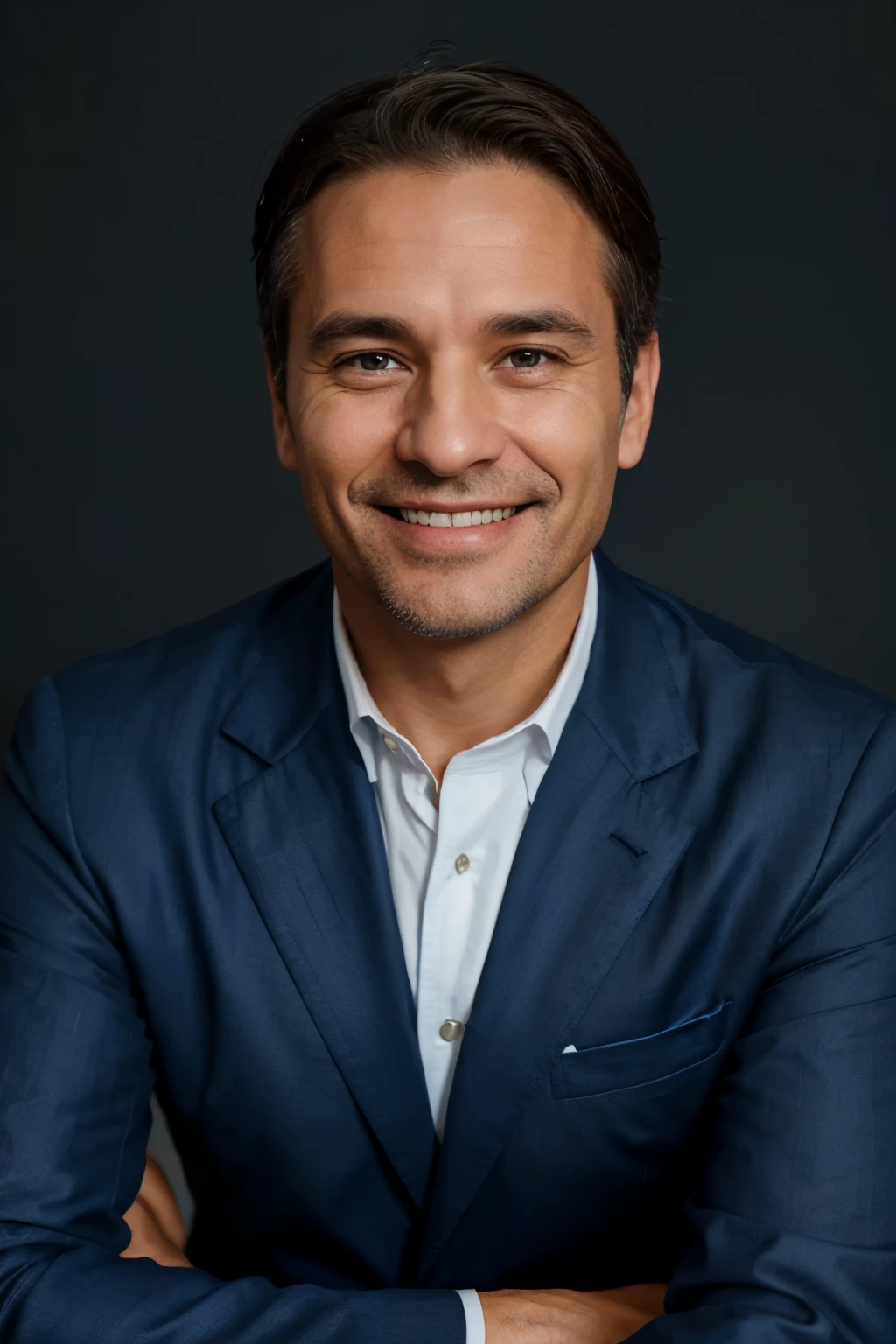 A professional Linkedin headshot of a 47 year old man, smiling , wearing a dark blue blazer and a white shirt. Face expression is smiling but eminating certainty, security, a can-do attidute and genuine friendliness. Use my photo