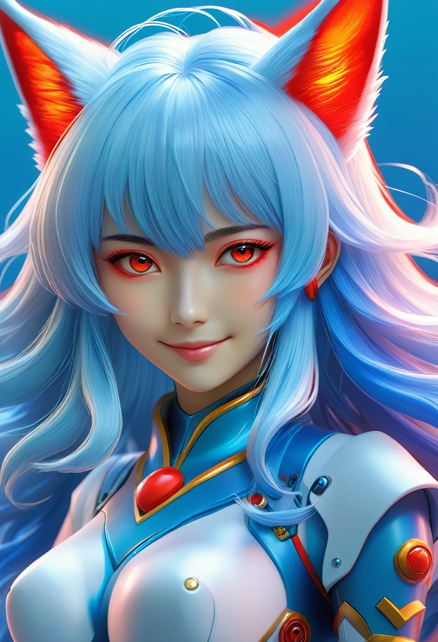 Smiling Rei Ayanami&#39;s masterpiece， (fox demon), fox tail， Caustics, High resolution illustration, Red eyes, feminine,Excellent figure， blue hair,,  Shadow flat illustration, The art of math, Popular topics on ArtStation, Very detailed, fine details, complex,  neon color