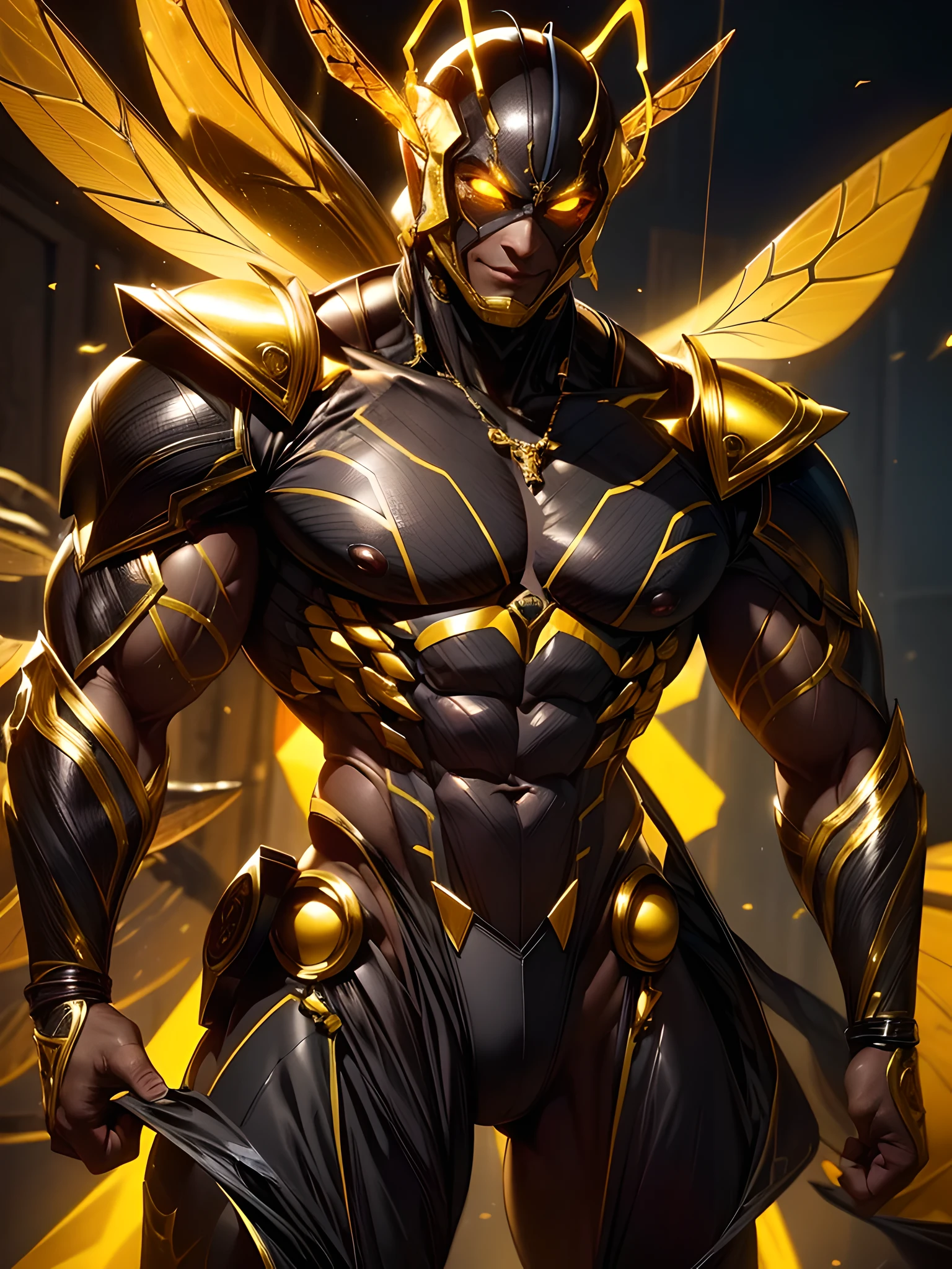 ((absurdres)) perfect whole body, ultra photorealistic, top quality, Photorealistic, ((16k UHD)), High Definition, high-res, ultra sharp, masterpiece, the best quality, intricate details, detailed eyes, perfect face detailed face, cyberpunk, futuristic, masterpiece, highly detailed exquisite character art, perfectly detailed anatomy, detailed body, detailed pecs, pecs, thick thighs, (((cinematic light))), ultra-realistic, (((1male))) ((tall muscular man male humanoid)), bald, humanoid yellow skin, big eggs, bee anatomy, deity, god of honey bees, humanoid black & yellow skin tone, yellow hue, powerful humanoid appearance, compound eyes, metallic scales, scales. Metallic armour, smiling face, strong jaw, high cheekbones, pecs, y pose, elf ears, glossy skin, touching his pecs, flying in the sky, mandibles, Antenna, honey, ((male muscular stripe black & yellow humanoid insect honey bee)) yellow skin, black skin, dark,