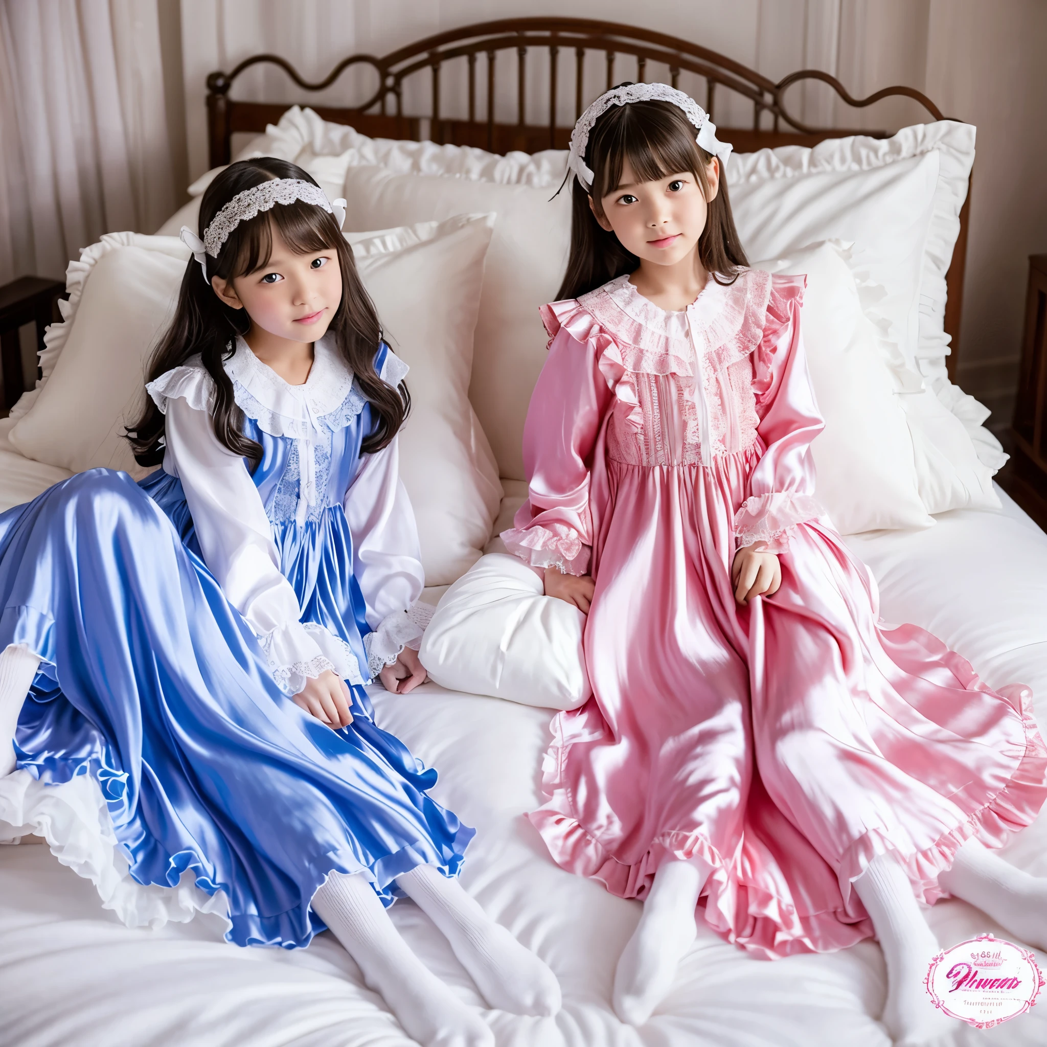 ,highest quality, masterpiece, highest resolution, artwork, super それにget used to it, many get used to it, get used to it, それにget used to it, 3K realistic photos,,((10 year old s)),Super detailed baby face,the girl is a princess,detailed luxury tiara,ruffle yoke collar,Detailed braided ribbon at chest,puff sleeves,long sleeve,((ロリータスタイルのホッンクのロングスカートのワンピースのpajamas、Comes with lots of frills and ribbons。)),crazy'colorful fashion,光沢のあるシルクサテンのpajamas,1920s style nightgowns,headdress with frills and ribbons,soft and smooth silk satin fabric,luxury,Very long blonde hair,blue eyes,white skin european,pajamas,fine white frills and lace,Super long hair that is as tall as your body,white long socks,drawers with lots of frills,castle bedroom at night,Super long flowing hair,Above the luxurious king size bed with a huge canopy,Pink pillow with lots of frills,Silk satin pink curtains with luxurious ruffles and ribbons surround the bed,girls sitting on the bed,There are many pillows piled up on the bed,(((Both legs are completely hidden inside the skirt))),((((round futon)))),((((A large ruffled futon that covers the entire bed)))),detailed comforter,Detailed bed sheets,ruffled bed skirt,Deep bed,background with depth,pajamasパーティー,happy girls,