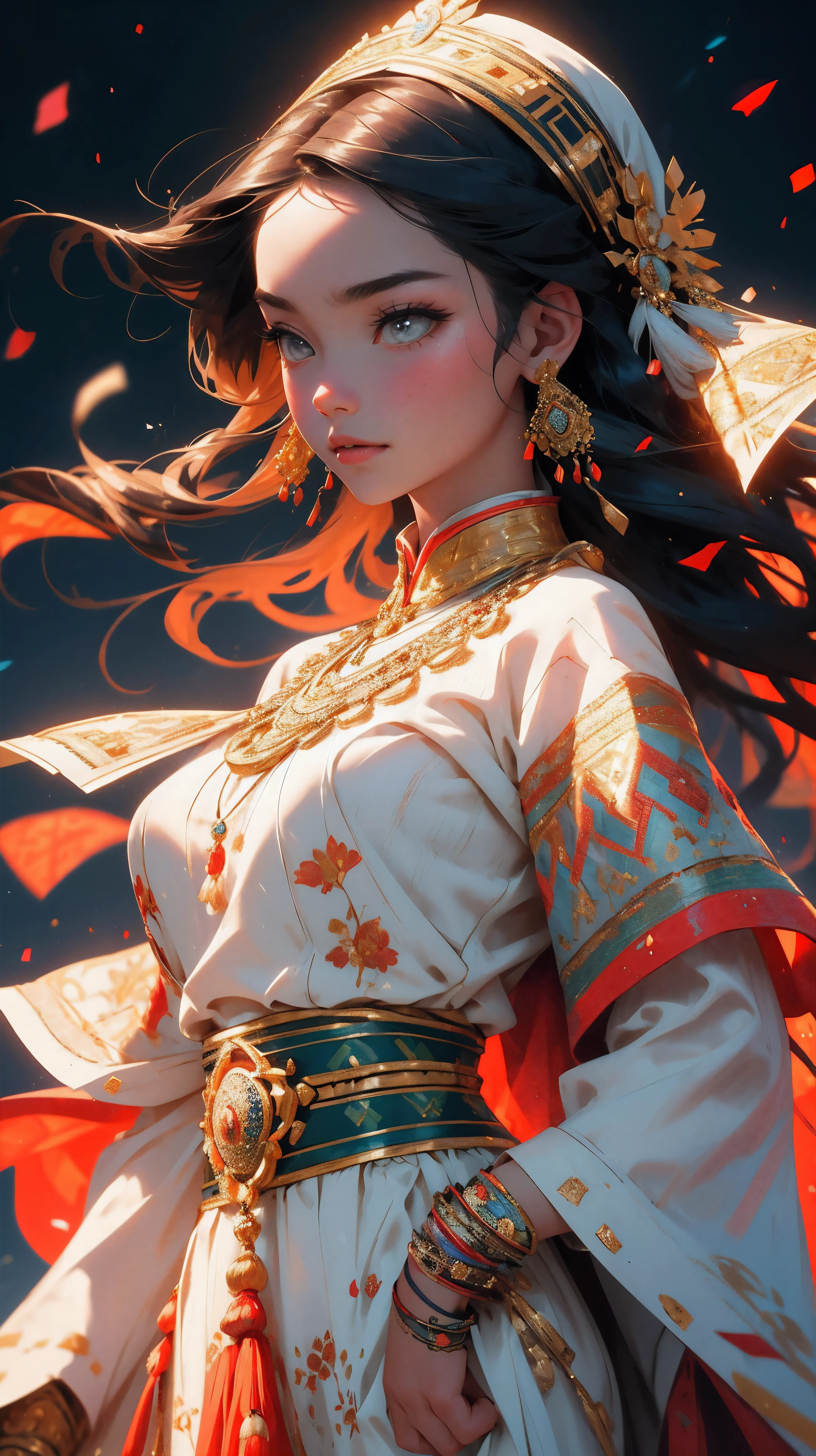 (best quality,4k,8k,highres,masterpiece:1.2),ultra-detailed,(realistic,photorealistic,photo-realistic:1.37),beautiful Kazakh girl in traditional dress,expressive eyes,rosy cheeks,vibrant colors,embroidered patterns,flowing fabrics,golden accessories,ornate headdress,graceful pose,feminine beauty,cultural heritage,rich cultural background,traditional celebration,dramatic lighting,scenic background,portrait photography,proud and confident,charming smile,elegant posture,ethnic pride,traditional craftsmanship,subtle make-up,traditional Kazakh music and dance,history and tradition,eye-catching dress pattern,waistline highlighting,traditional motifs,traditional ornaments,traditional clothing style,Kazakh nomadic lifestyle,traditional headscarf,traditional jewelry,breathtaking landscape,festive mood,traditional music instrument,ancient traditions,delicate facial features,ethnic diversity,harmonious colors,classical aesthetic,traditional embroidery technique,glimpse of the past,rich visual storytelling,joyful expression