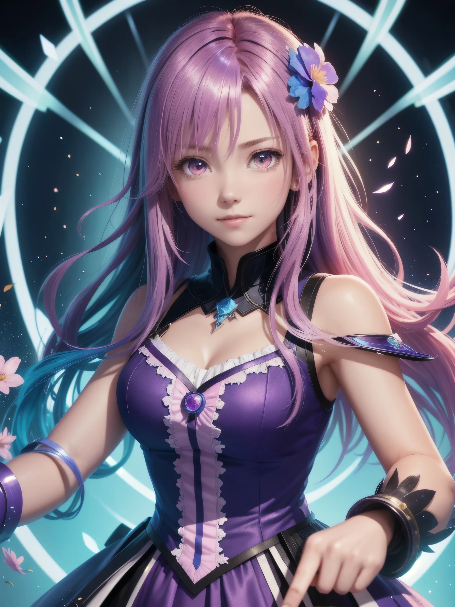 （（（完美figure，figure，solo， White and tender skin，（（（Cyberpunk，Playful and cute, with fair and tender skin, pink purple clothes, silver necklace,））），（（（cm_\(blr2023\)，Purple red long hair, silver headwear, purple red pupils, a little red between the lower lip,））），((masterpiece)),high resolution, ((Best quality at best))，masterpiece，quality，Best quality，（（（ Exquisite facial features，Looking at the audience,There is light in the eyes，(（（Smile，confidence））），型figure:1.7））），（（（Light and shadow，Huge breasts））），（（（Looking at the camera，black background，)）））