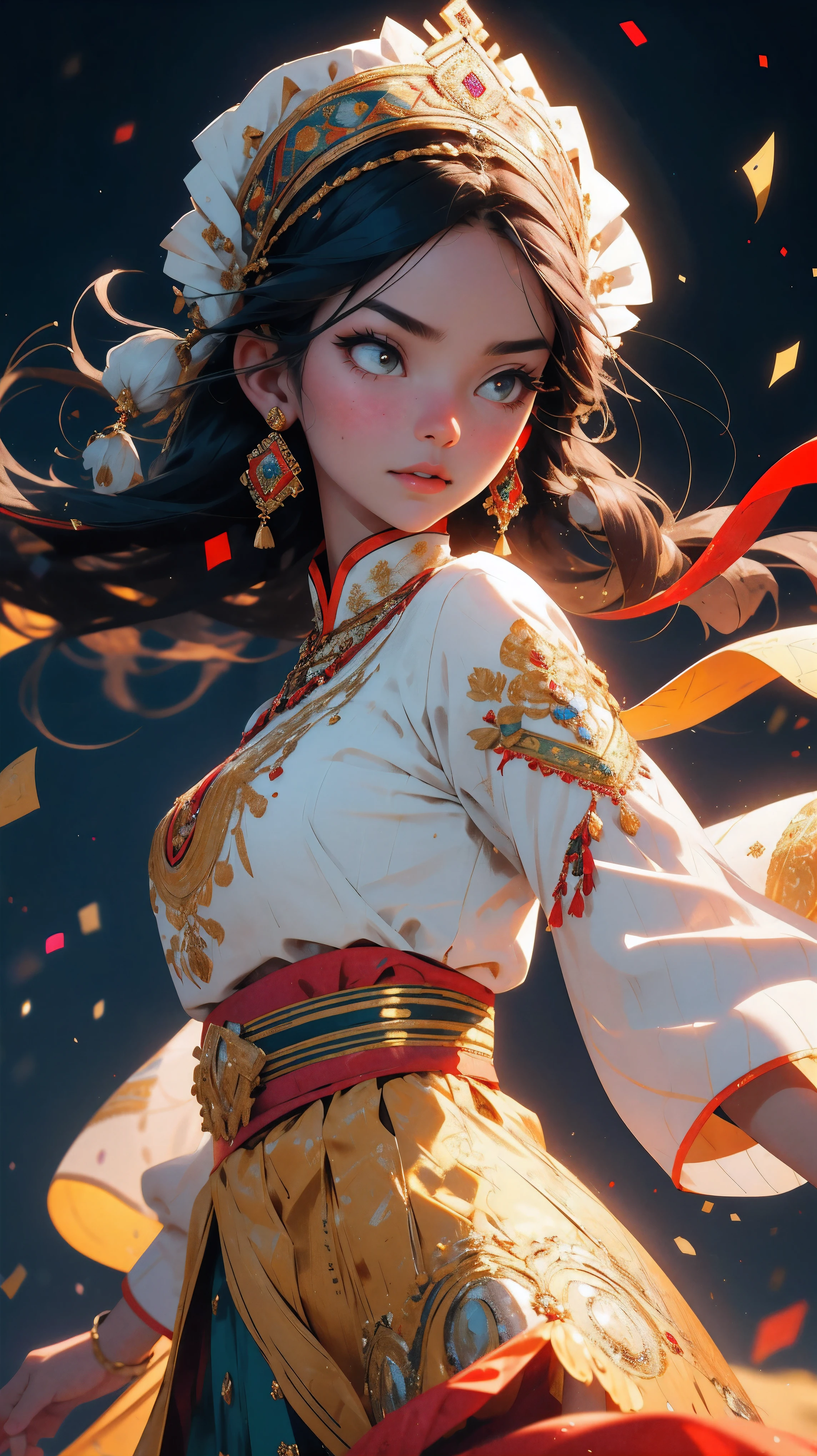 (best quality,4k,8k,highres,masterpiece:1.2),ultra-detailed,(realistic,photorealistic,photo-realistic:1.37),beautiful Kazakh girl in traditional dress,expressive eyes,rosy cheeks,vibrant colors,embroidered patterns,flowing fabrics,golden accessories,ornate headdress,graceful pose,feminine beauty,cultural heritage,rich cultural background,traditional celebration,dramatic lighting,scenic background,portrait photography,proud and confident,charming smile,elegant posture,ethnic pride,traditional craftsmanship,subtle make-up,traditional Kazakh music and dance,history and tradition,eye-catching dress pattern,waistline highlighting,traditional motifs,traditional ornaments,traditional clothing style,Kazakh nomadic lifestyle,traditional headscarf,traditional jewelry,breathtaking landscape,festive mood,traditional music instrument,ancient traditions,delicate facial features,ethnic diversity,harmonious colors,classical aesthetic,traditional embroidery technique,glimpse of the past,rich visual storytelling,joyful expression
