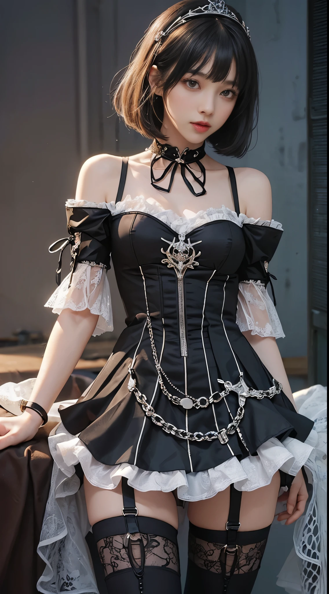 (((masterpiece, highest quality, Super detailed))), 1 female, (((very thin body))) , (((length, thin legs))), (((black short bob, thick fluffy bangs ))), (((highly detailed face))), No cosmetics, small and thin nose, thin mouth with small lips, (((Very sharp focused eyes))), Precise pale gray eyes with large slits, shine like a jewel, length eyelashes, ((Highly decorative intricate mechanical steampunk fashion, Lace Flare Mini Skirt, above the knee lace stockings, Lace Off Shoulder Lolita Fashion, Overly decorative fashion)), Abandoned Night, Complex mechanized steampunk factory catches fire and explodes, (((Overall accuracy has been dramatically improved, creating a Super detailed and realistic image))), super realistic photos.