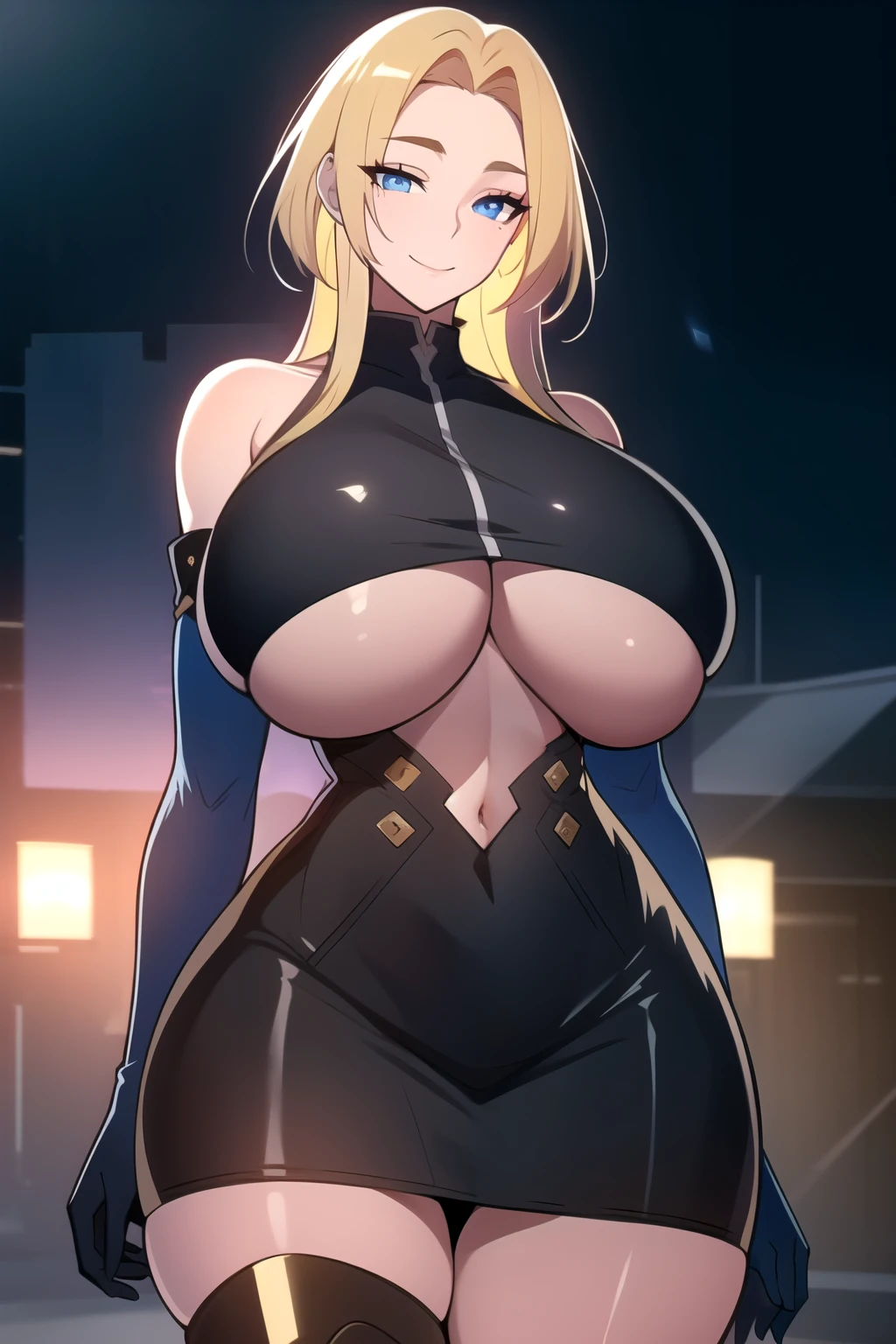 masterpiece, best quality, absurdres, 8k, perfect shadows,perfect lighting,hdr, cowboy shot,shiny skin,skindentation, beautiful body, kafka, ((blonde hair: 1.4)), long hair, (blue eyes: 1.4), (crop top, underboob, elbow gloves, thigh boots, split skirt, bare shoulders, curvy, midriff, curvy, thighs, higheels, shiny clothes), complex detailed background, inside, luxury palace) (gigantic breasts,hourglass body, thin waist,very slim waist)extremely detailed face,detailed eye makeup, detail face, nice detailed eyes,nice hands, perfect hands (realistic pupils,realistic iris:1) heavy eye makeup,glowing eyes, Bright eyes,standing,standing at attention,(seductive smile), gigantic breasts, curvy