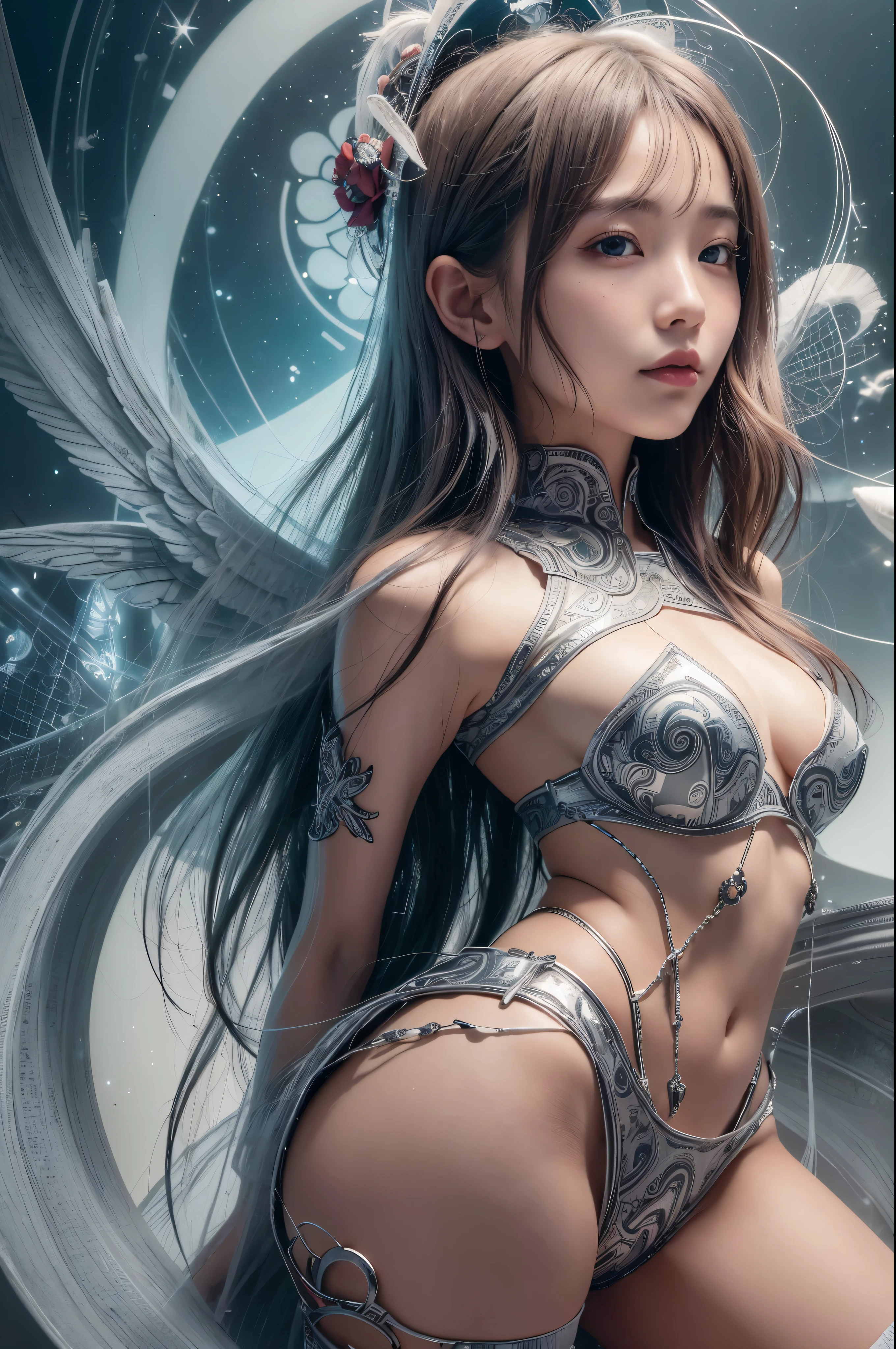 cyborg, girl, beautiful girl, cute, sexy, strong, thin, delicate, smile, (lolita costume), High leg, metallic, ultra color, paisley pattern, headgear, mandala, Near future, heaven, Angel, feather, wing, Helix lamp