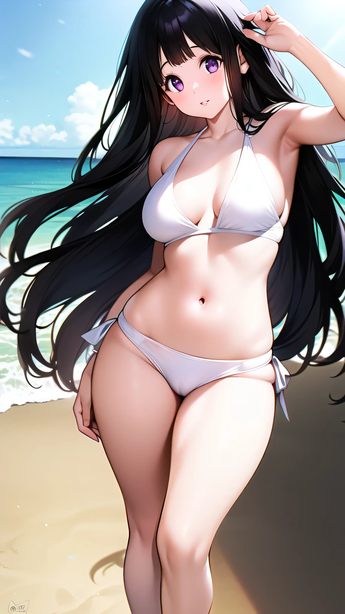 The stunning Chitanda Eru, purple eyes, black hair, Naturally straight hair, straight bangs, extremely refined,adult face,lips slightly open,flowing long hair,Peerless beautiful girl, dreamlike,Slim,soft, (Sensual), (kawaii), dream quality,Show off your beautiful figure,white bikini,Walk on the beach,Play beach volleyball,bright light,bare neck,naked ass,bare shoulders,Clavicle exposed,bare breasts,Bare thighs,camel toe,snow white skin, delicate face, thin waist, soft curves, Real light and shadow, Super fine, 4K, move naturally, ultra high resolution, (masterpiece:1.2, best quality), (Exquisite and beautiful eyes: 1.2), (Beautiful and delicate face)