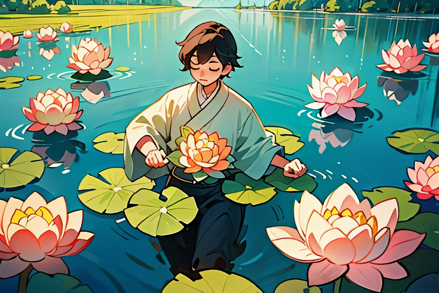 Many lotus flowers are floating on the lake、lotus flowers are shining、A beautiful god stands on the lake、in the forest