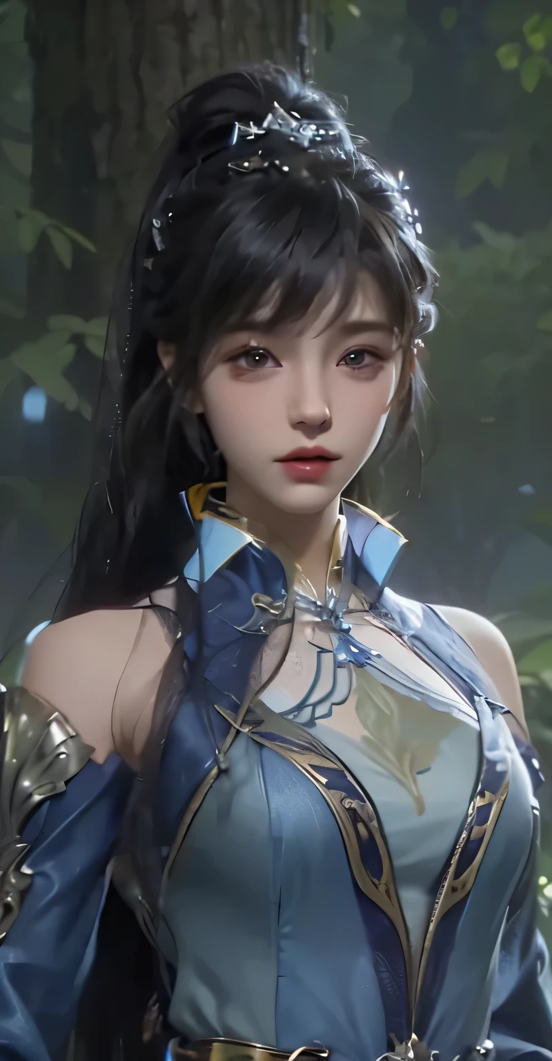 a close up of a woman with a blue dress and a blue jacket, Game CG, Smooth anime CG art, inspired by trees, close-up character, 3D animation realistic, 4K detail fantasy, Realistic anime girl rendering, yun ling, 8k Ultra HD character details, anime computer graphics images, artistic sprout ; 3D Unreal Engine