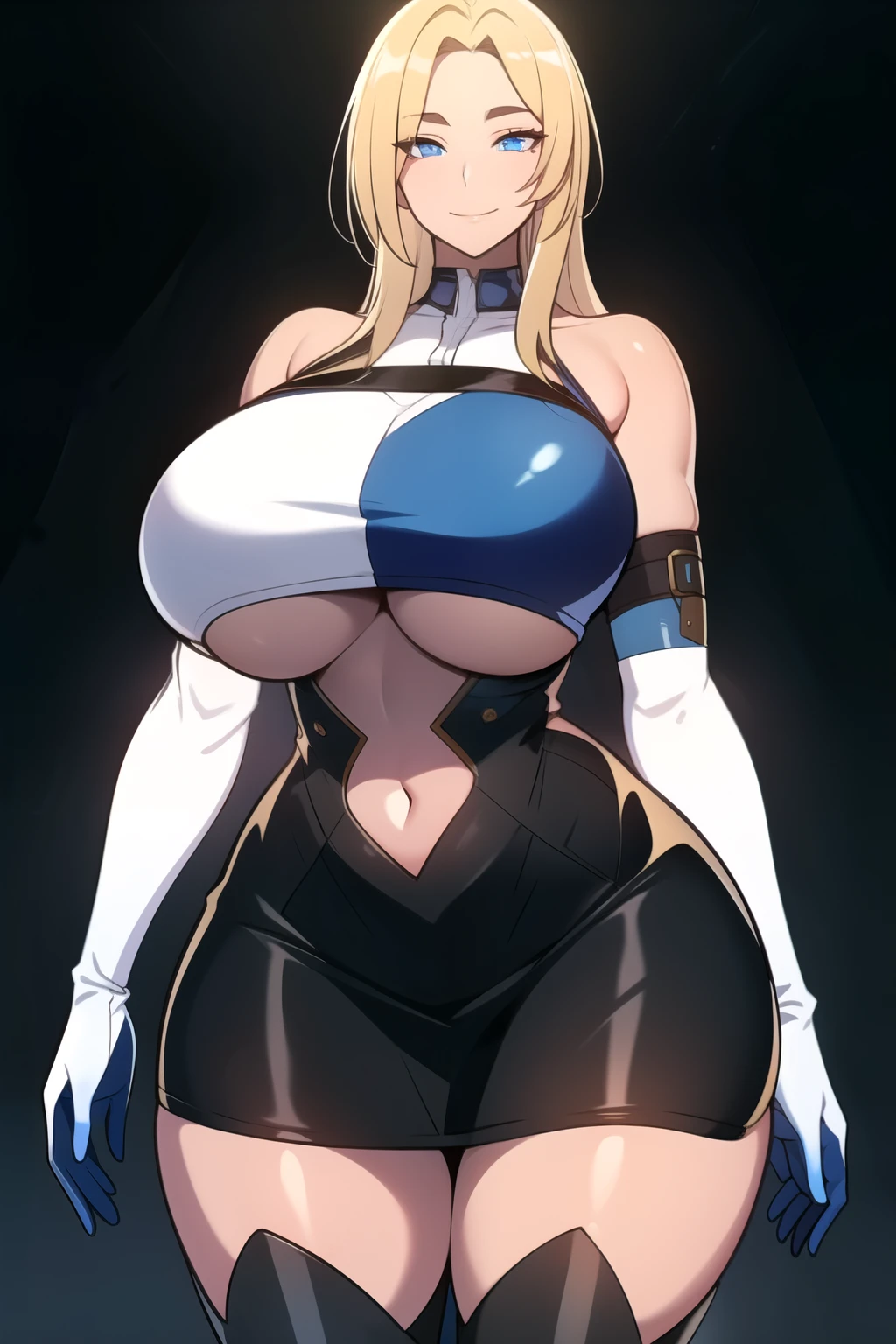 masterpiece, best quality, absurdres, 8k, perfect shadows,perfect lighting,hdr, cowboy shot,shiny skin,skindentation, beautiful body, kafka, ((blonde hair: 1.4)), long hair, (blue eyes: 1.4), (crop top, underboob, elbow gloves, thigh boots, split skirt, bare shoulders, curvy, midriff, curvy, thighs, higheels, shiny clothes), complex detailed background, inside, luxury palace) (gigantic breasts,hourglass body, thin waist,very slim waist)extremely detailed face,detailed eye makeup, detail face, nice detailed eyes,nice hands, perfect hands (realistic pupils,realistic iris:1) heavy eye makeup,glowing eyes, Bright eyes,standing,standing at attention,(seductive smile), gigantic breasts, curvy