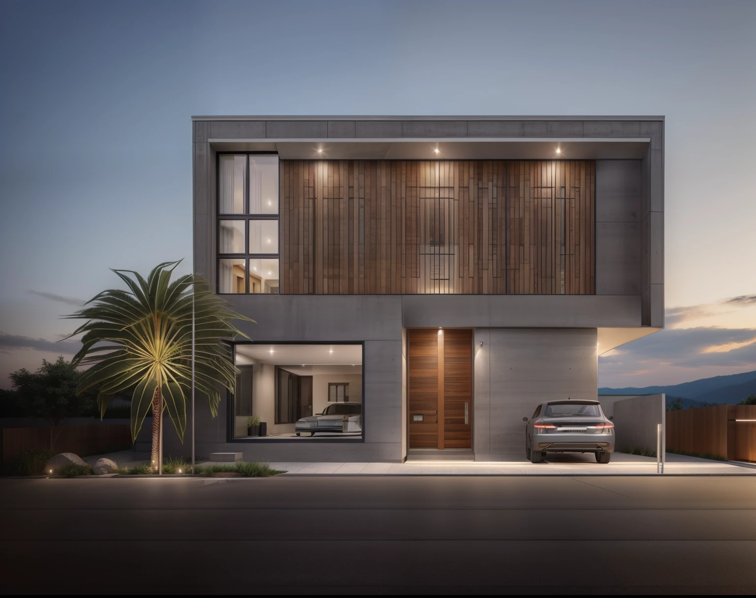 photorealistic, modern house façade, grey concrete, wood, evening, hd details,plants,tree,grass,stones,road in front,grass,clear sky,car,perfect lighting,photoreal,insanely detailed octane redner, master piece, award winning, extreme detailed,