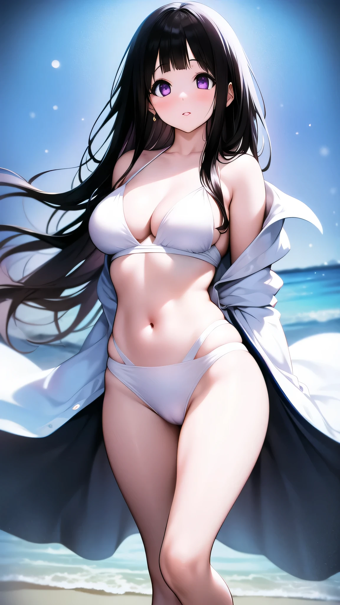 The stunning Chitanda Eru, purple eyes, black hair, Naturally straight hair, straight bangs, extremely refined,adult face,lips slightly open,flowing long hair,Peerless beautiful girl, dreamlike,Slim,soft, (Sensual), (kawaii), dream quality,Show off your beautiful figure,white bikini,Walk on the beach,The shoulder strap is broken,bright light,bare neck,naked ass,bare shoulders,Clavicle exposed,bare breasts,Bare thighs,camel toe,snow white skin, delicate face, thin waist, soft curves, Real light and shadow, Super fine, 4K, move naturally, ultra high resolution, (masterpiece:1.2, best quality), (Exquisite and beautiful eyes: 1.2), (Beautiful and delicate face)