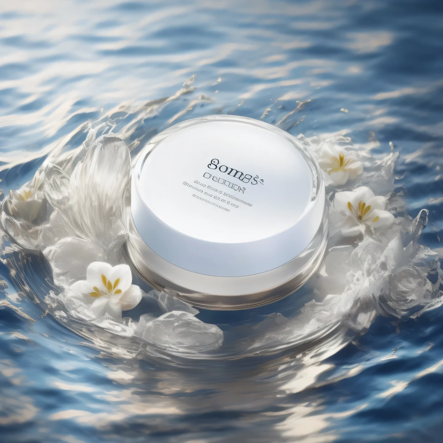 Best quality at best， bottle of  face cream floating on the water surface， florals， simple backgound，8k，Photographic style，Strong light and shadow. Low angle, 