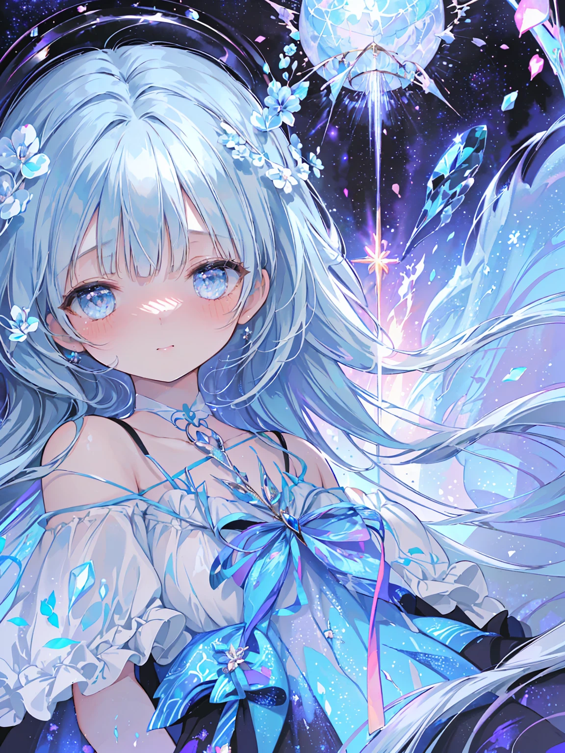 masterpiece, best quality, extremely detailed, (illustration, official art:1.1), 1 girl ,(((( light blue long hair)))), light blue hair, ,10 years old, long hair ((blush)) , cute face, big eyes, masterpiece, best quality,(((((a very delicate and beautiful girl))))),Amazing,beautiful detailed eyes,blunt bangs((((little delicate girl)))),tareme(true beautiful:1.2), sense of depth,dynamic angle,affectionate smile, (true beautiful:1.2),,(tiny 1girl model:1.2),(flat chest)), 
Soft Focus , (Bright gradient watercolor :1.5, Lens Flare:1.5 , Glitter :1.5), Glow , Dreamy Grid illusion, Colorful, girl、((extremely detailed eye:1.5)),ace Zoom:1.5,,(((​masterpiece、top-quality、top-quality、watercolor paiting)))(Curly)、Official art、Beautifully Aesthetic:1.2)、,(Fractal Art:1.3)、The upper part of the body、colourfull、((Ultra-detailed retina:1.5))、embarrassed from、(Midriff)、((Super Detail Eyes:1.5))、(rainbow-colored hair、colourful hair、​masterpiece、Background with((Fantastic starry sky、meteors、black hole))、Depth((planetes、Luminescent))、a beauty girl、onepiece、Rear view、Seen from below