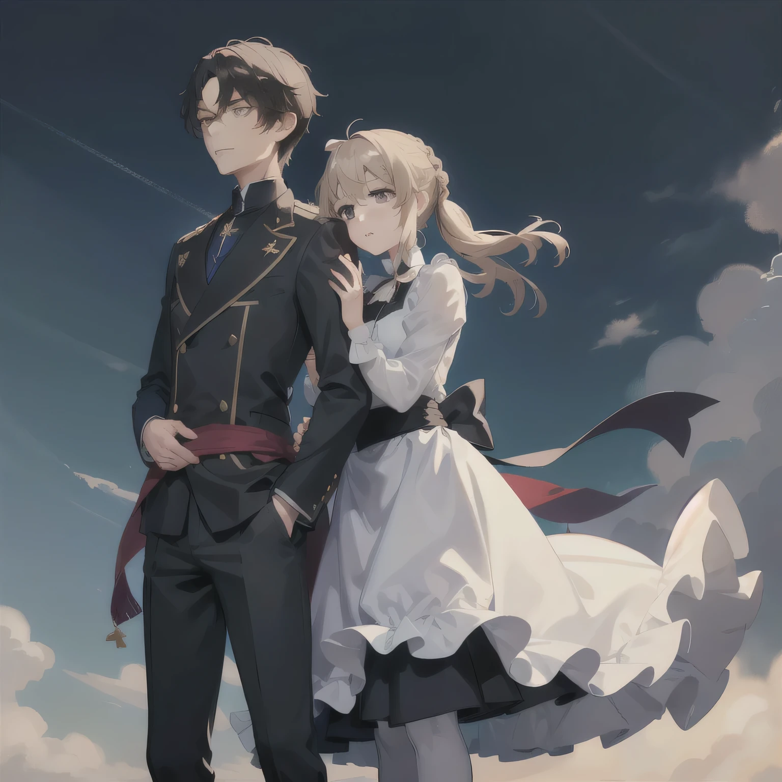 1girl and 1boy (violet, Gilbert, from violet evergarden) (masterpiece, high quality) She has a slim build of medium height and fair skin; her face is a little narrow and elongated, with large blue eyes and thick dark lashes. The blonde hair ends on her hips, but in front of her face she has a fringe that ends in the middle of the eyebrows divided into three strands: one falls on her face and the remaining two blend into two longer strands that end on the shoulders. Her hair is described as "velvet" by Amy as she styled it for her. Often Violet ties them either in a low ponytail tied with a black ribbon, or, when she works as an Auto Memory Doll, in two French braids which she subsequently wraps on themselves and she ties with two red ribbons. Because she lost her arms during the last battle of the war, she was given adamantine silver prostheses, described by herself as "clumsy, but sturdy". On normal days, Violet wears a white shirt with a collar that ends at a quarter of the neck and sleeves that get wider but narrow at the cuffs; a leafy green skirt that starts just above her hips with a short fitted sash, and ends at the bottom of her knees; some dark gray tights and a pair of worn warm brown ankle boots. Gilbert is a man with a tall stature, thin waist, broad shoulders with emerald-green eyes and Dark blue hair, which are common traits for men of the Bougainvillea family. He has a scar on his left cheek and one just above his left eye. He has short, slicked-back hair with several locks falling freely and framing his face. He looks very similar to his late father, as they are both considered attractive, but have a "stodgy look" to their face.[3] His uniform consists of a purplish-black outfit paired with burgundy linen shoulder pads and a decorative accordion-pleated cloth glistening around his hips and buttoned up to his neck. After surviving the war, Gilbert receives a maneuverable prosthetic arm made of metal. Both are stand on castle roof, visual anime.