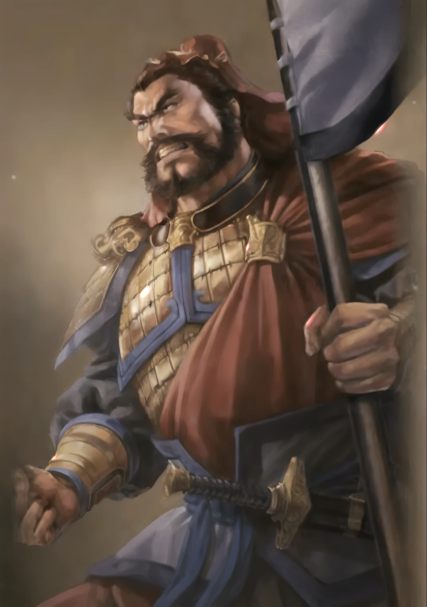 A painting of a man wearing a red cloak holding a sword, Guan yu, bian lian, Inspired by Hu Zaobin, Inspired by Li Kan, Inspired by Huang Shen, inspired by Li Gonglin, Inspired by Huang Ding, Mongol, , Nalanbato Gumbold, feng shu, Inspired by Wu Bin