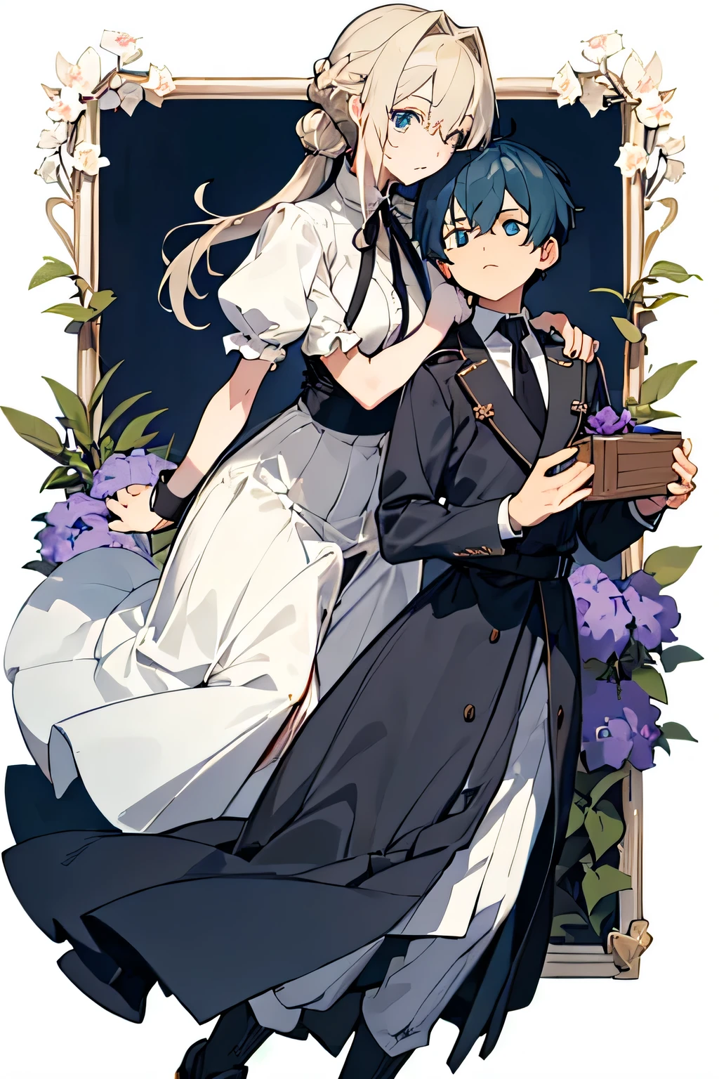 1girl and 1boy (violet, Gilbert, from violet evergarden) (masterpiece, high quality) She has a slim build of medium height and fair skin; her face is a little narrow and elongated, with large blue eyes and thick dark lashes. The blonde hair ends on her hips, but in front of her face she has a fringe that ends in the middle of the eyebrows divided into three strands: one falls on her face and the remaining two blend into two longer strands that end on the shoulders. Her hair is described as "velvet" by Amy as she styled it for her. Often Violet ties them either in a low ponytail tied with a black ribbon, or, when she works as an Auto Memory Doll, in two French braids which she subsequently wraps on themselves and she ties with two red ribbons. Because she lost her arms during the last battle of the war, she was given adamantine silver prostheses, described by herself as "clumsy, but sturdy". On normal days, Violet wears a white shirt with a collar that ends at a quarter of the neck and sleeves that get wider but narrow at the cuffs; a leafy green skirt that starts just above her hips with a short fitted sash, and ends at the bottom of her knees; some dark gray tights and a pair of worn warm brown ankle boots. Gilbert is a man with a tall stature, thin waist, broad shoulders with emerald-green eyes and Dark blue hair, which are common traits for men of the Bougainvillea family. He has a scar on his left cheek and one just above his left eye. He has short, slicked-back hair with several locks falling freely and framing his face. He looks very similar to his late father, as they are both considered attractive, but have a "stodgy look" to their face.[3] His uniform consists of a purplish-black outfit paired with burgundy linen shoulder pads and a decorative accordion-pleated cloth glistening around his hips and buttoned up to his neck. After surviving the war, Gilbert receives a maneuverable prosthetic arm made of metal. Both are stand on castle roof, visual anime.