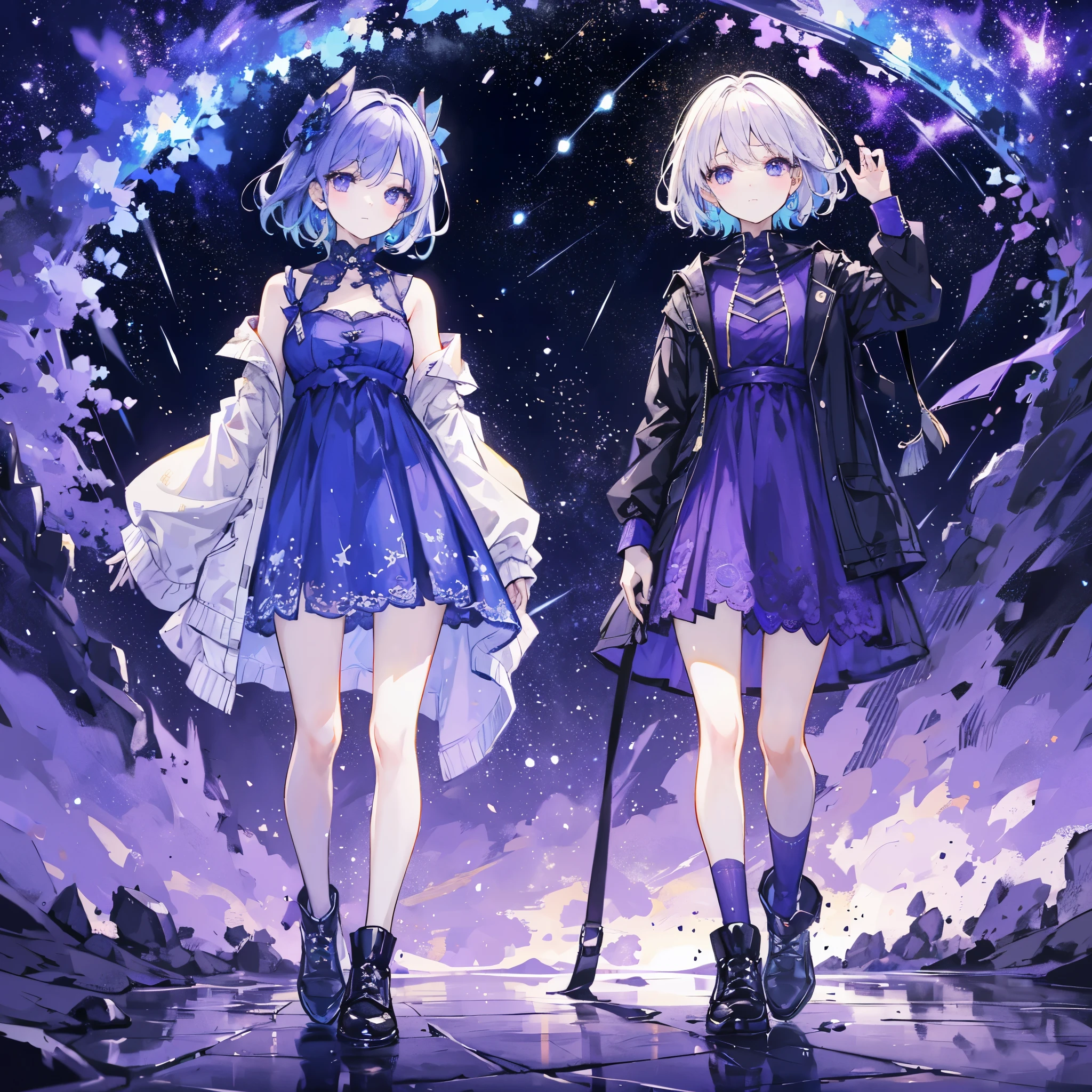 countless noctilucent insects,shooting star,(Noctilucent insect on the left:1.5),masterpiece,(highest quality),(1 girl) ,alone,(high contrast:1.2),(high color saturation:1.2), ((put your right hand in your pocket)),((black and white dress)),looking at the viewer,((purple and blue theme:1.3)),((purple and blue background:1.5)),gray hair,blue eyes,((walk:1.3)),whole body,black shoes,((Blue water on the ground reflecting the starry sky, nebulas and galaxies)),((From above:1.2))